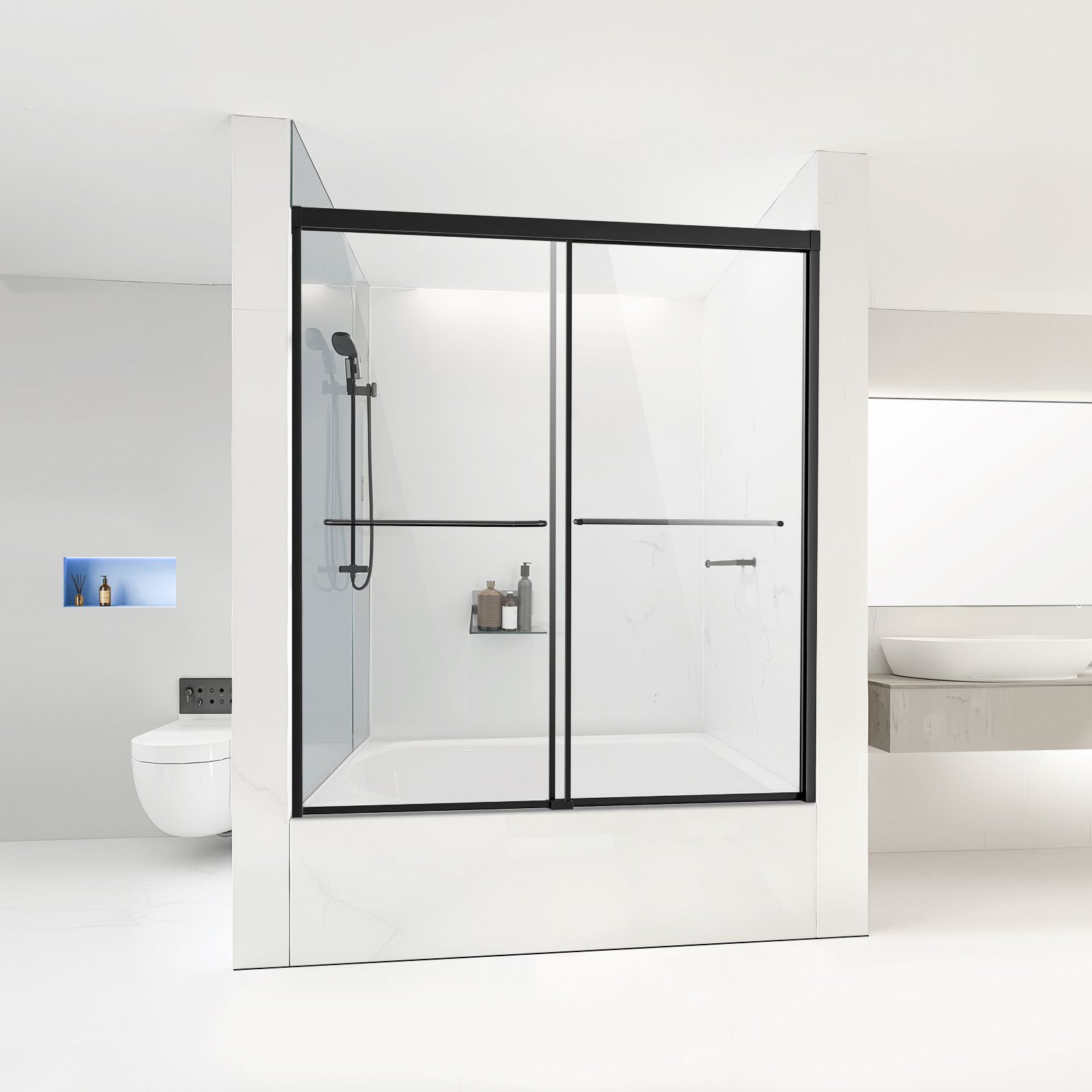 Bathtub Shower Door, 1422-1524 mm x 1524 mm, Semi-Frameless Double Sliding Tub Door, Semi-Frameless Bypass Tub Door with 1/4 in Shatterproof Tempered Glass and Stainless Steel Handle, Black