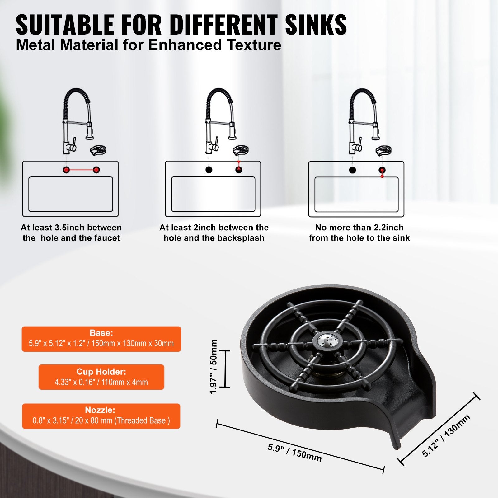 VEVOR Glass Rinser, 10 Powerful Spraying Jets Rotating Cup Rinser for Sink, Wearproof ABS Kitchen Sink Faucet Cup Washer & ABS Cup Holder for Baby Bottle, Glass Cup, Wine Glass (Black Base)