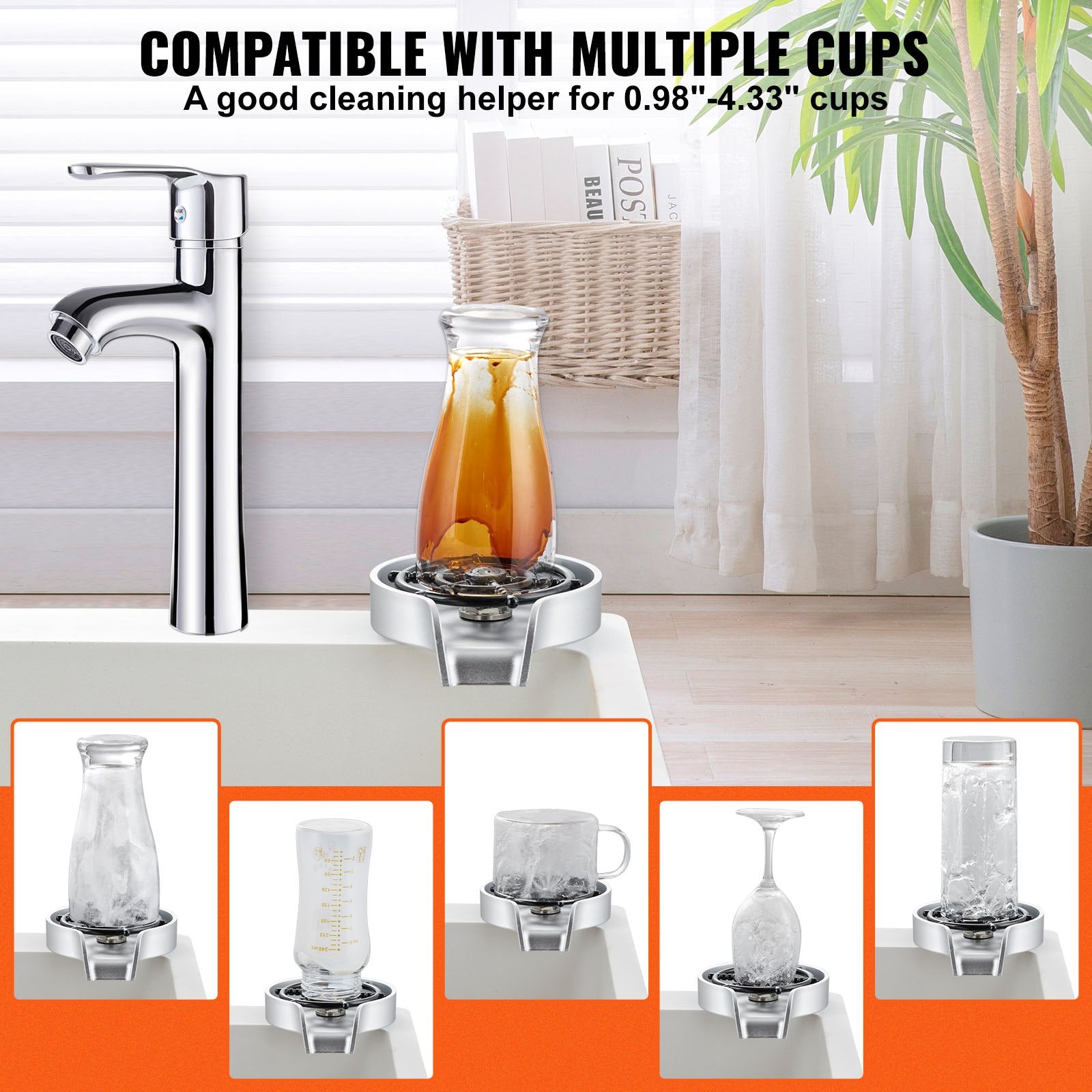 VEVOR Glass Rinser 10 Spraying Jets 360° Rotating ABS Cup Washer & Cup Holder