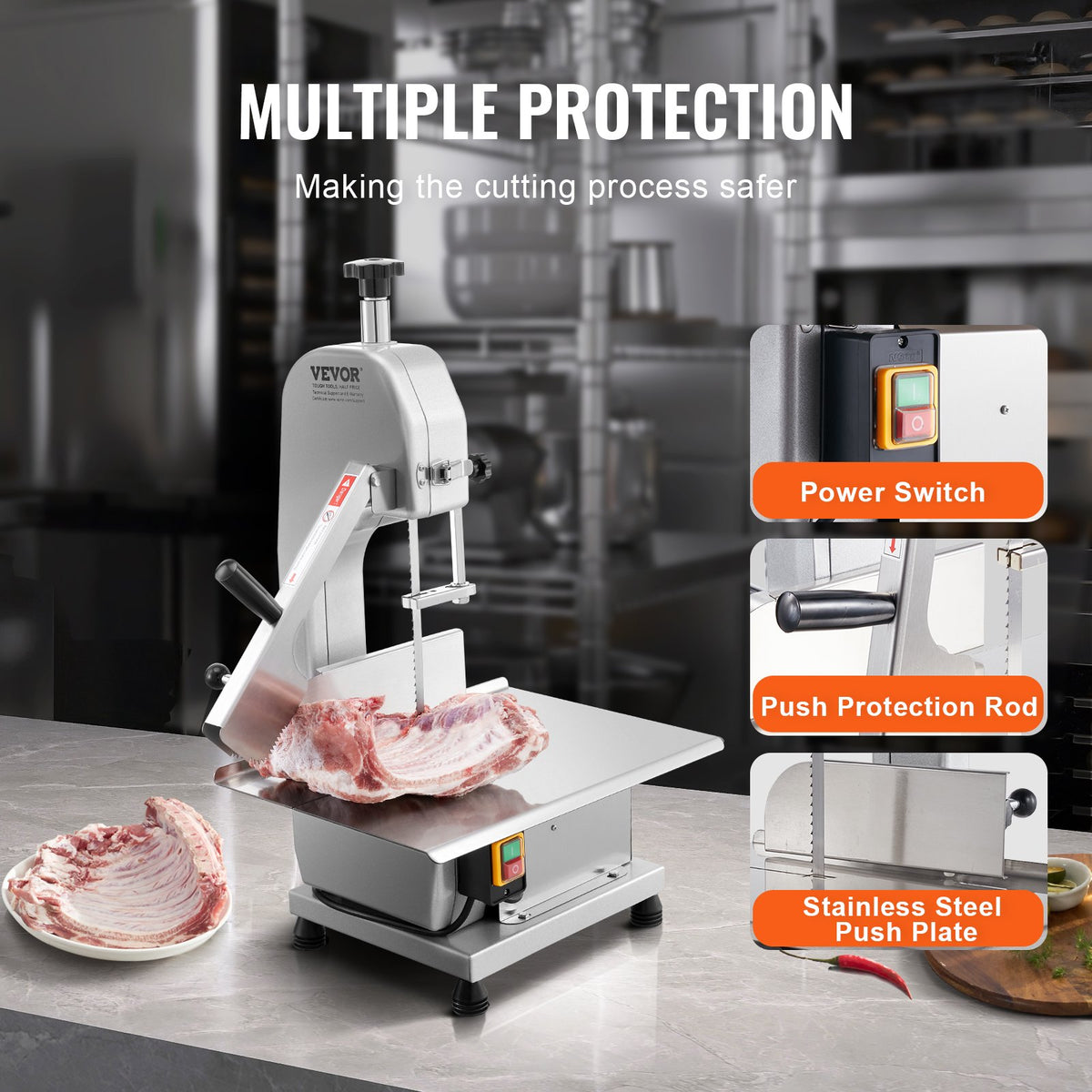 VEVOR Commercial Electric Meat Bandsaw, 1800W Stainless Steel Countertop Bone Sawing Machine, 380 x 485 mm Workbench, 180 mm Max Cutting Thickness, Frozen Meat Cutter with 5 Blades for Rib Pork Beef