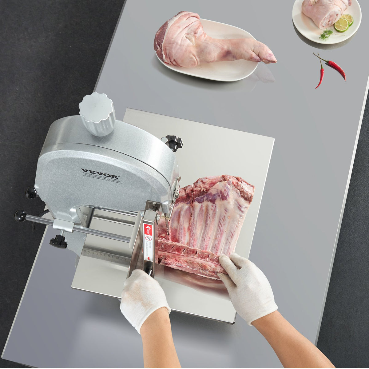 VEVOR Commercial Electric Meat Bandsaw, 1800W Stainless Steel Countertop Bone Sawing Machine, 380 x 485 mm Workbench, 180 mm Max Cutting Thickness, Frozen Meat Cutter with 5 Blades for Rib Pork Beef