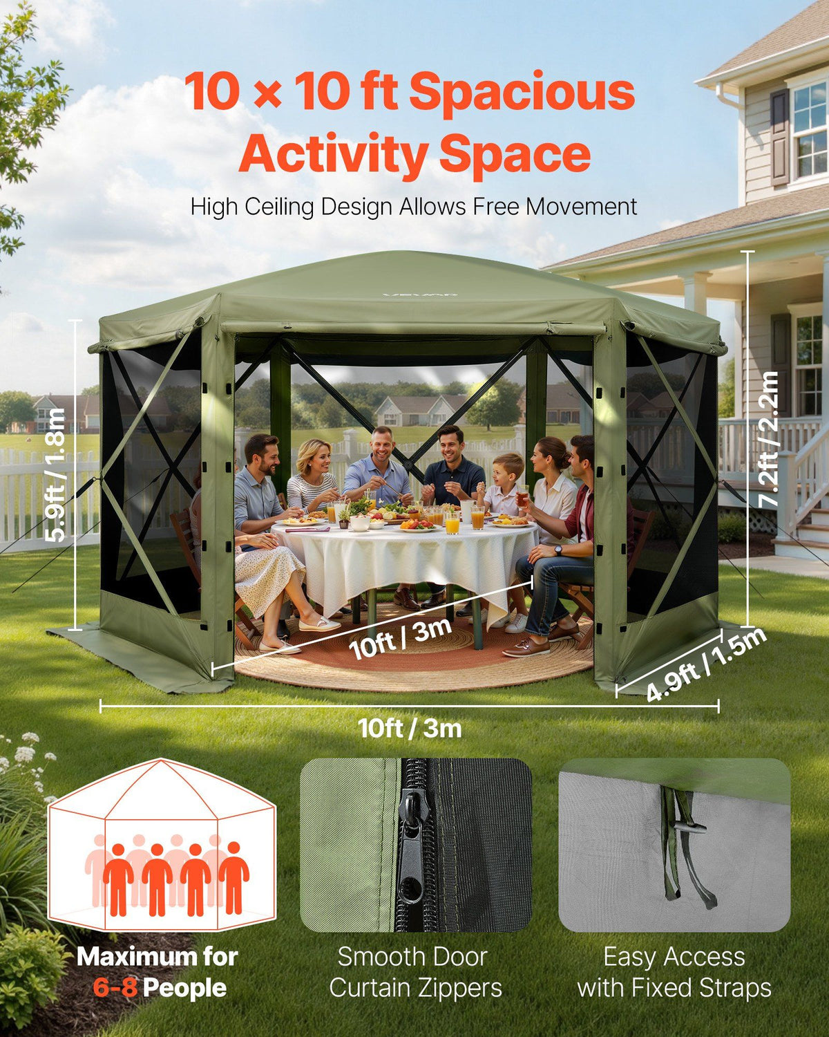 Pop up Gazebo Screen Tent, 3x3 m Large 6-Sided Camping Canopy Tent with Removable Top & Carry Bag, Quick-Set & Bite-Proof, Screen House Sun Shelter for 6-8 Persons Backyard Patio, Green