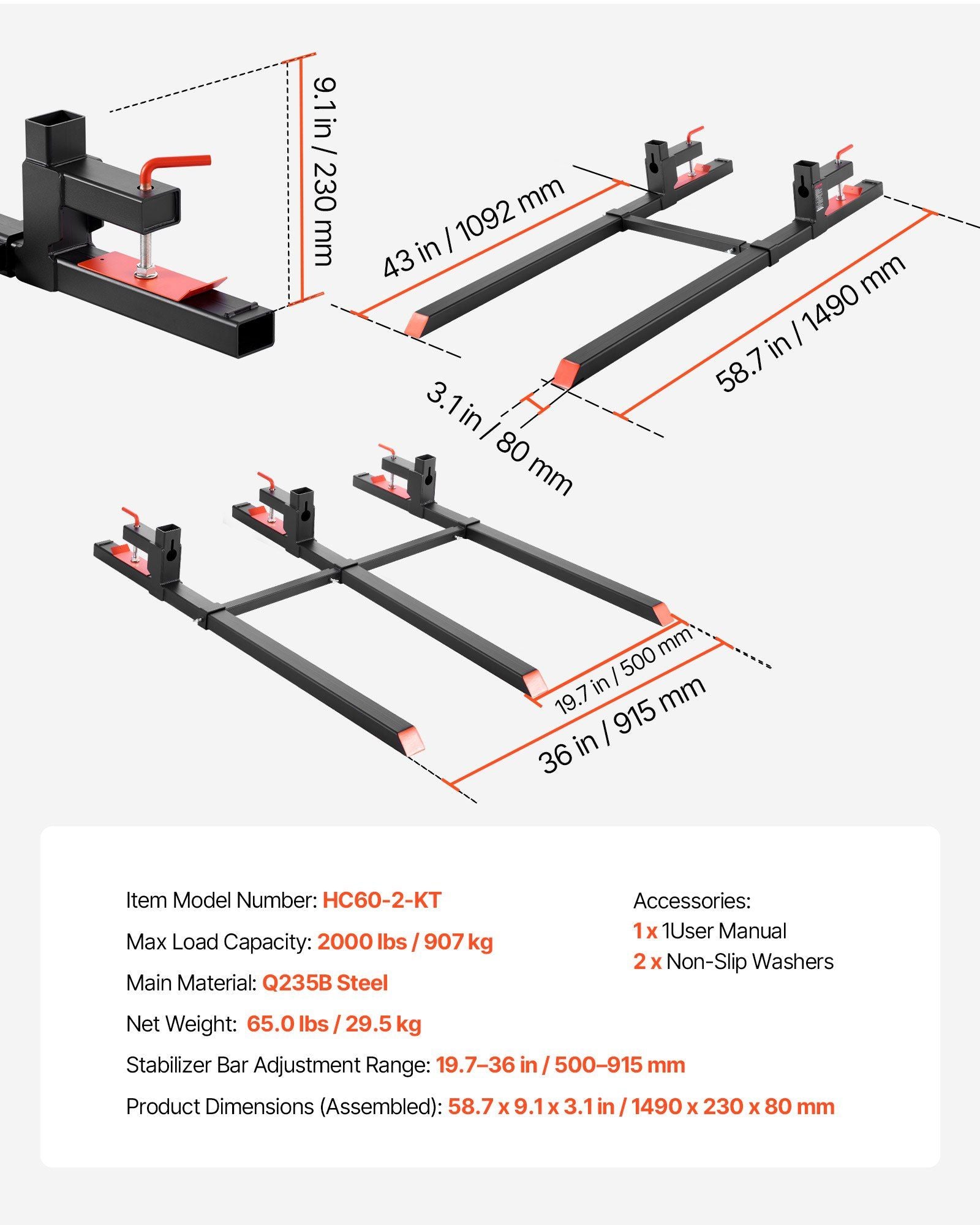Pallet Forks, 907 kg Clamp on Pallet Forks, 149 cm Total Length Heavy-Duty Tractor Fork with Adjustable Stabilizer Bar for Tractor Attachments, Loader Bucket, and Skid Steer, Black