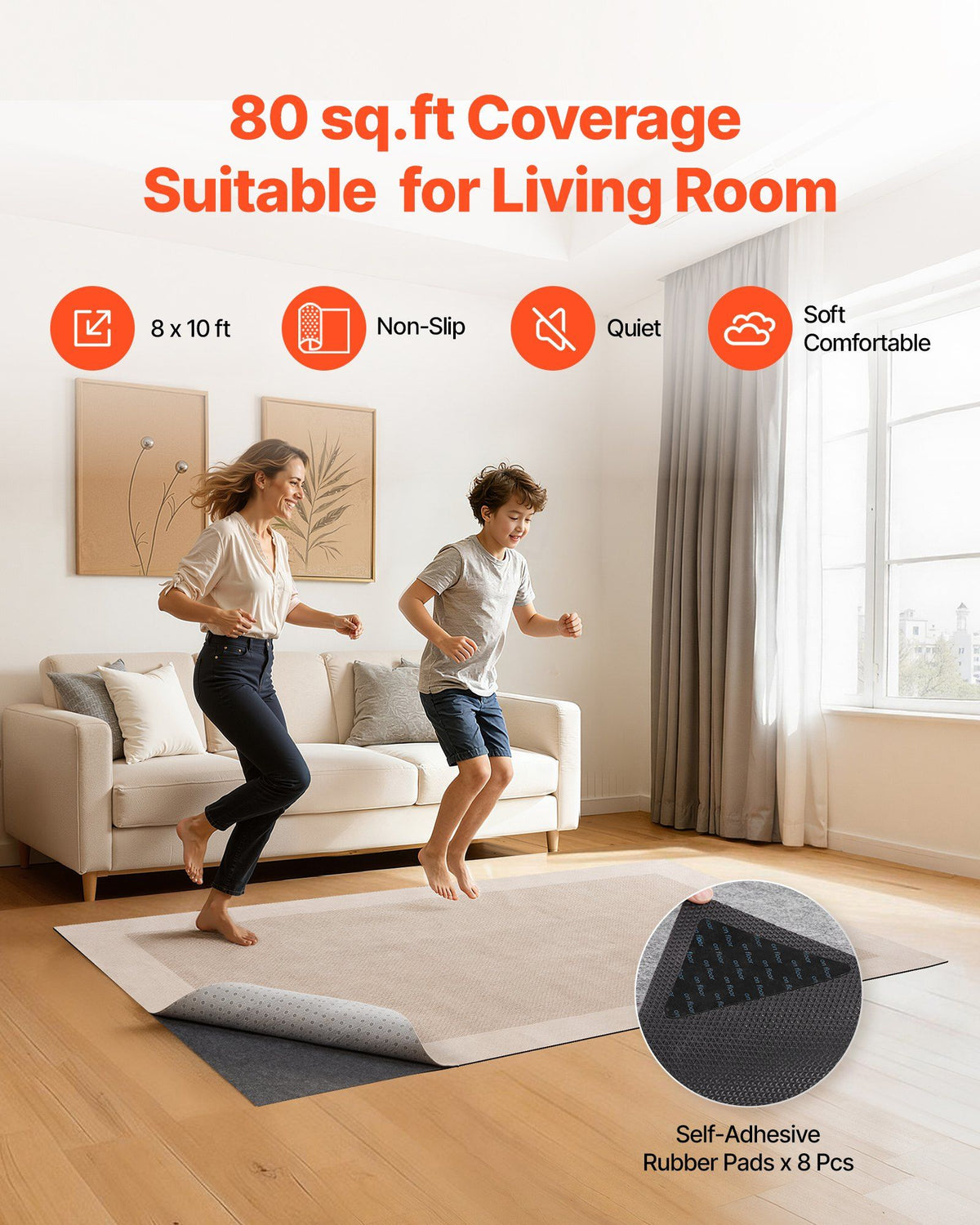 Rug Pad 2.44 x 3.05 m, Non-slip Carpet Area Pad, Rug Mat Padding with Dual Surface Felt Cushion & Rubber Gripper, Hardwood Floor Protection for All Floors, Finishes, Keeps Carpets in Place