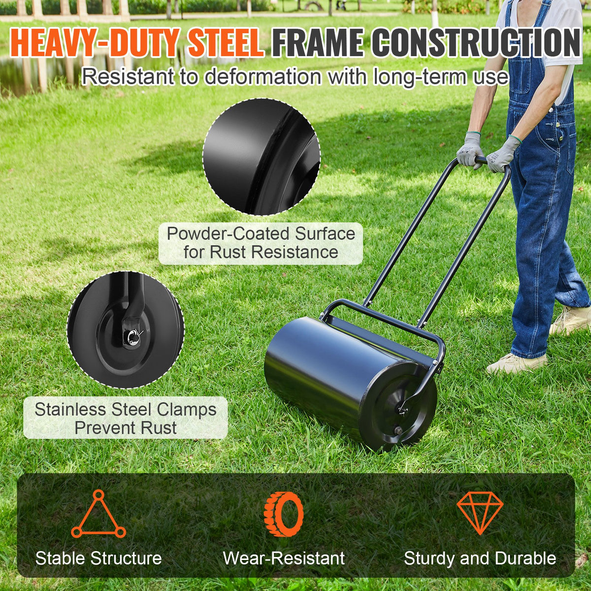 VEVOR Lawn Roller, 13 Gallon 24Inch Sand/Water Filled Yard Roller, Steel Sod Roller with Easy-turn Plug and U-Shaped Ergonomic Handle for Convenient Push and Pull, for Lawn, Garden, Farm, Park, Black