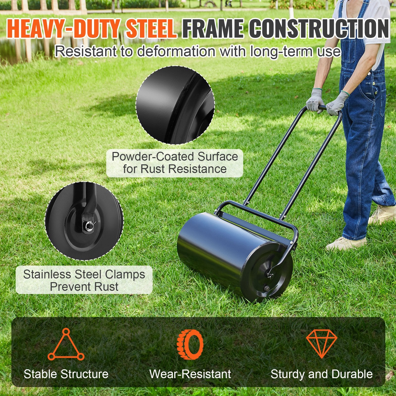 VEVOR Lawn Roller, 13 Gallon 24Inch Sand/Water Filled Yard Roller, Steel Sod Roller with Easy-turn Plug and U-Shaped Ergonomic Handle for Convenient Push and Pull, for Lawn, Garden, Farm, Park, Black