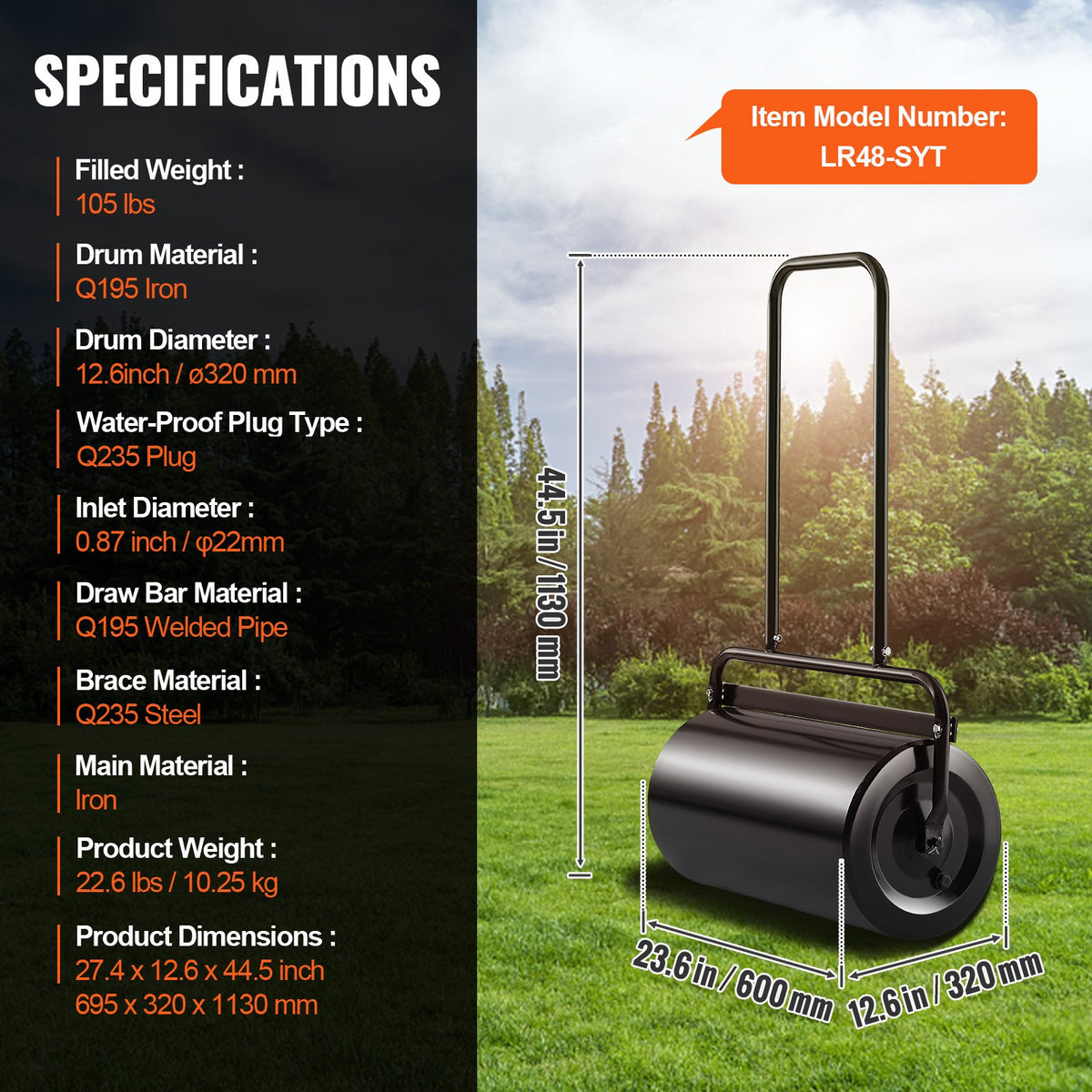 VEVOR Lawn Roller, 13 Gallon 24Inch Sand/Water Filled Yard Roller, Steel Sod Roller with Easy-turn Plug and U-Shaped Ergonomic Handle for Convenient Push and Pull, for Lawn, Garden, Farm, Park, Black