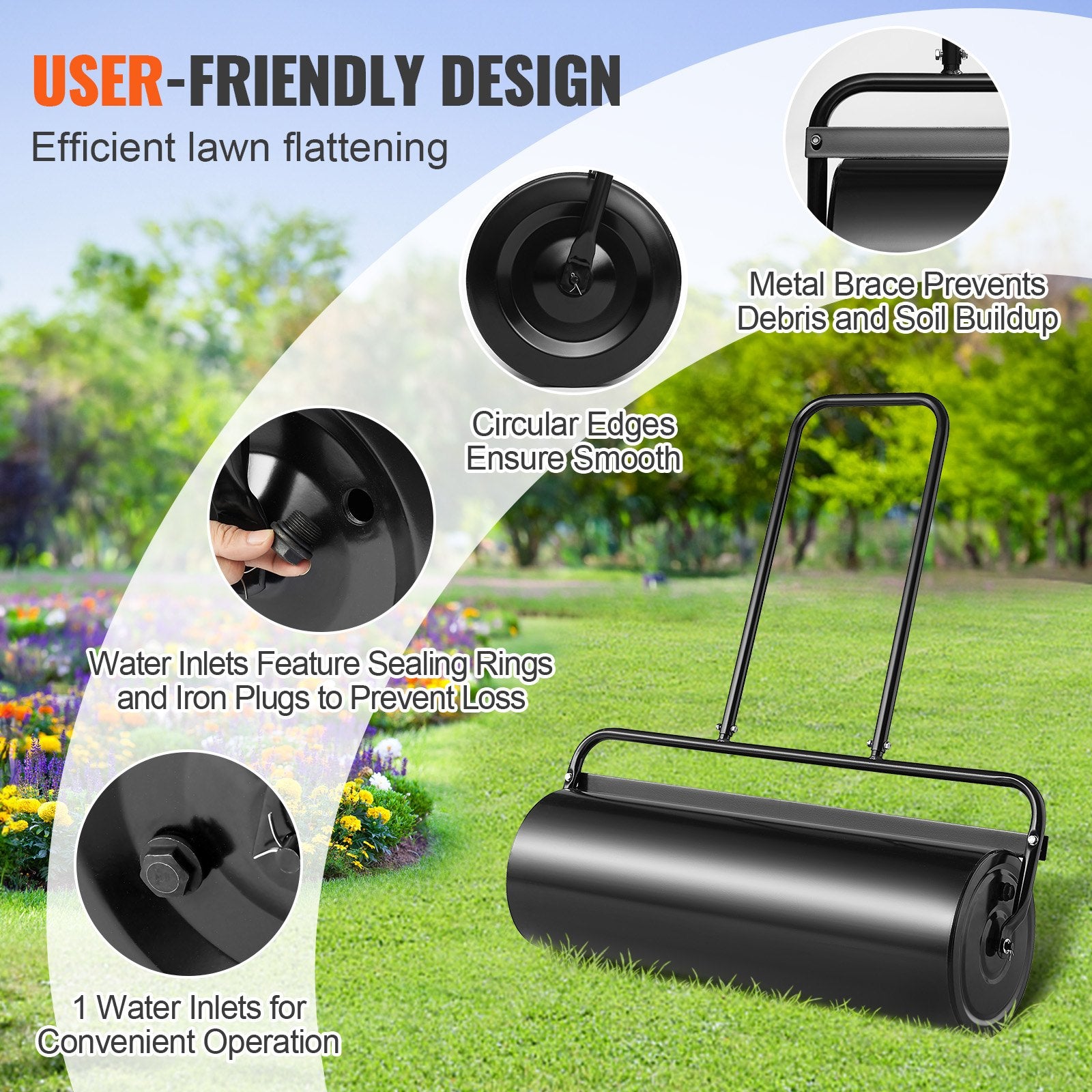 VEVOR Lawn Roller, 17 Gallon 36 Inch Sand/Water Filled Yard Roller, Steel Sod Roller with Easy-turn Plug and U-Shaped Ergonomic Handle for Convenient Push and Pull, for Lawn, Garden, Farm, Park, Black