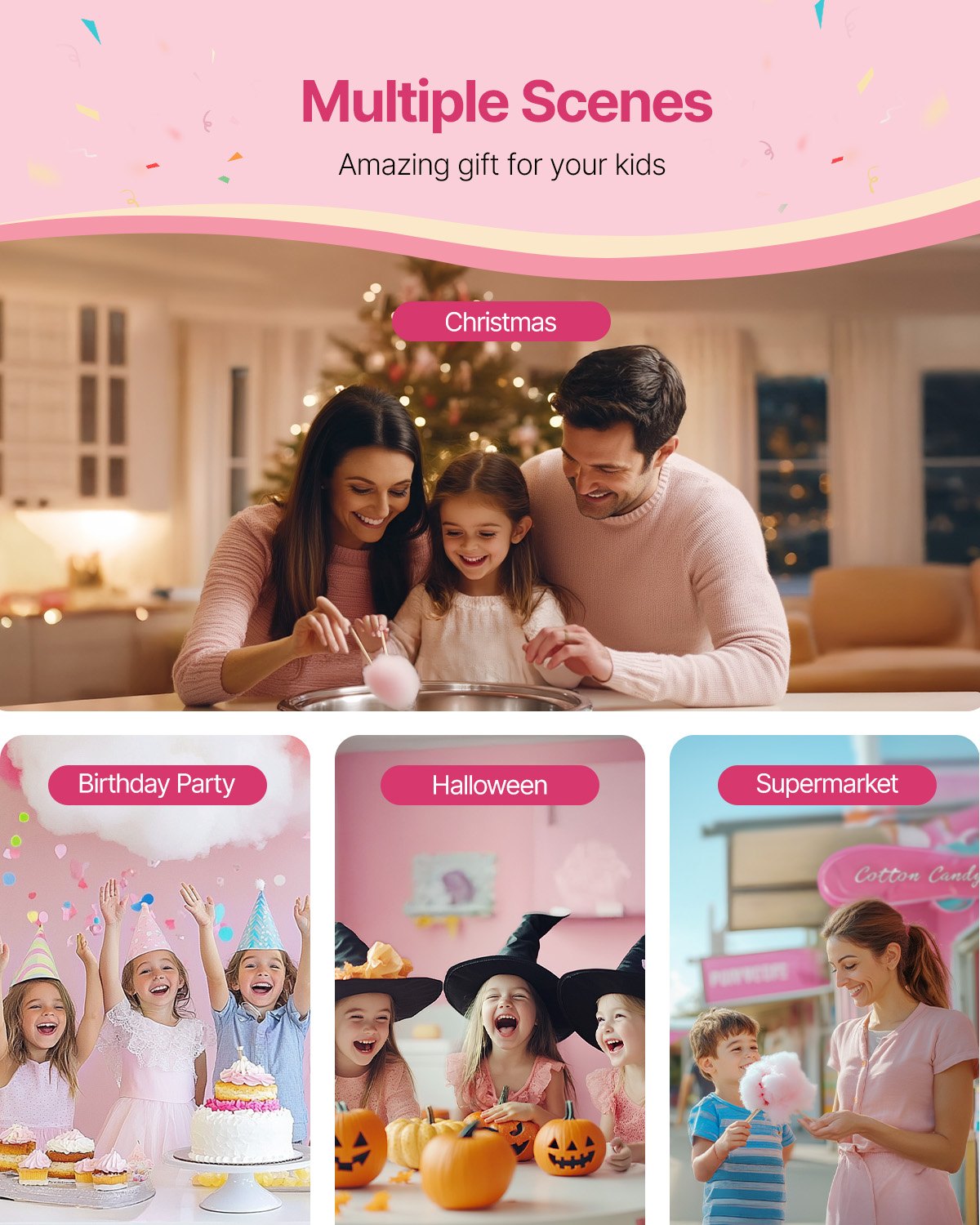 VEVOR Electric Cotton Candy Machine, 1000W Commercial Candy Floss Maker with 52cm Stainless Steel Bowl, Sugar Scoop, and Drawer, Easy Home Use, Perfect for Kids Birthday, Family Party, Pink