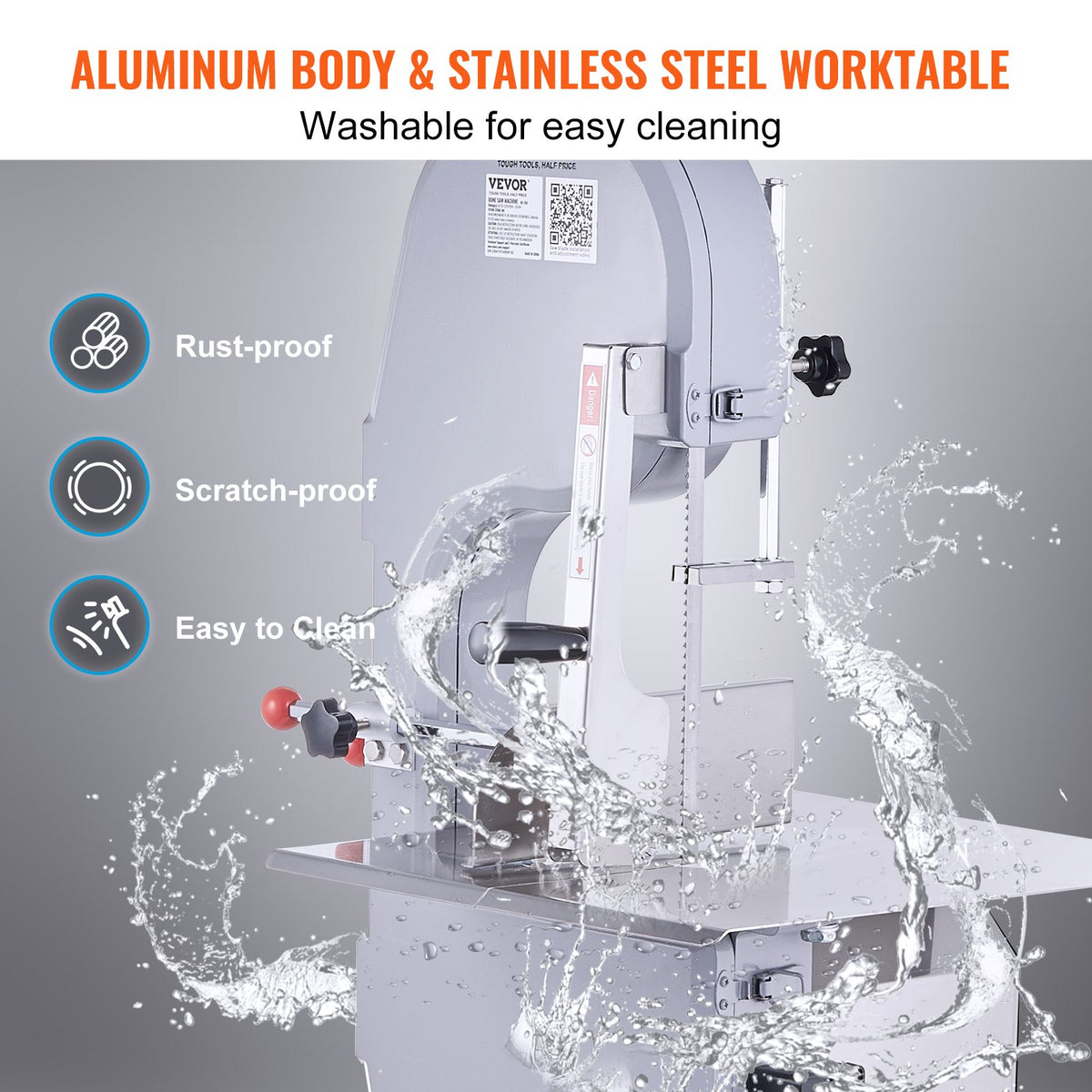 VEVOR Commercial Electric Meat Bandsaw, 1100W Stainless Steel Countertop Bone Sawing Machine, Workbeach 19.3" x 15", 0.16-7.9 Inch Cutting Thickness, Frozen Meat Cutter with 6 Blades for Rib Pork Beef