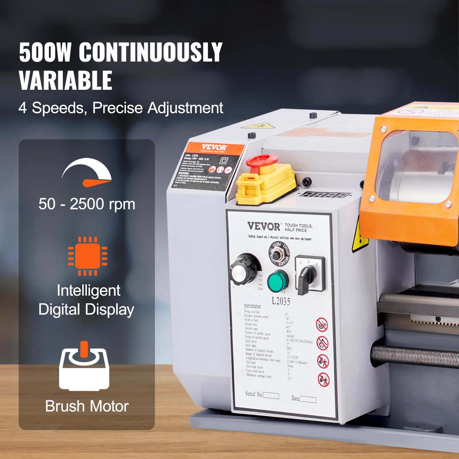 VEVOR Metal Lathe Machine, 200 mm x 350 mm, Precision Benchtop Power Metal Lathe, 50-2500 RPM Continuously Variable Speed, 600W Brush Motor Metal Gears, with Tool Box for Processing Precision Parts