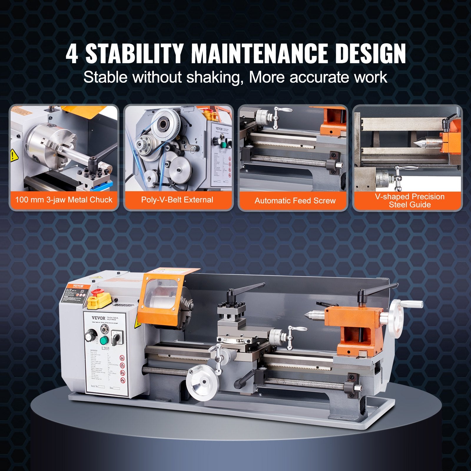 VEVOR Metal Lathe Machine, 200 mm x 350 mm, Precision Benchtop Power Metal Lathe, 50-2500 RPM Continuously Variable Speed, 600W Brush Motor Metal Gears, with Tool Box for Processing Precision Parts