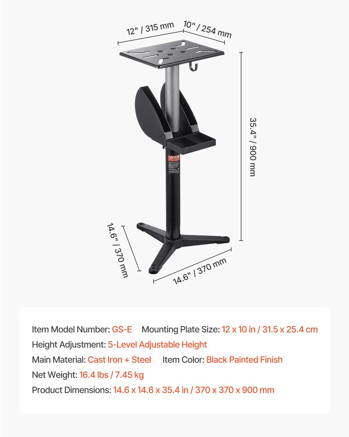 Bench Grinder Stand, Bench Grinder Vise Floor Pedestal with 31.5 x 25.4 cm Mounting Plate, Height-Adjustable Pedestal Stand with Grinding Wheel Storage Compartment & Heavy-Duty Cast Iron Base