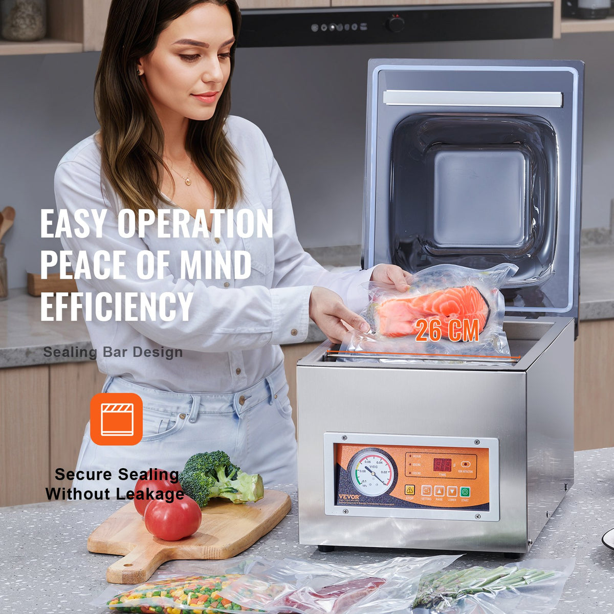 VEVOR Chamber Vacuum Sealer, 260W Sealing Power, Vacuum Packing Machine for Wet Foods, Meats, Marinades and More, Compact Size with 260 mm Sealing Length, Applied in Home Kitchen and Commercial Use