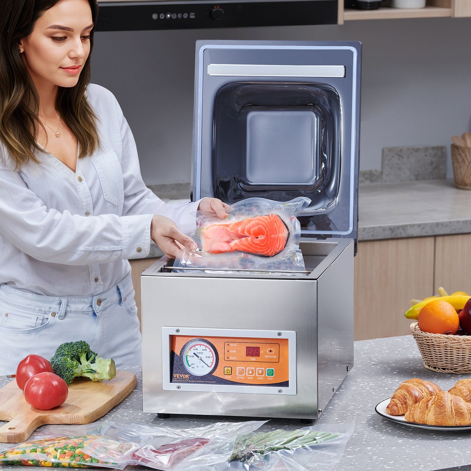 VEVOR Chamber Vacuum Sealer, 260W Sealing Power, Vacuum Packing Machine for Wet Foods, Meats, Marinades and More, Compact Size with 260 mm Sealing Length, Applied in Home Kitchen and Commercial Use