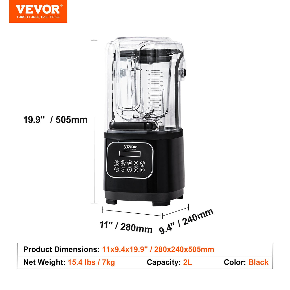 VEVOR Professional Blender with Shield, Commercial Countertop Blenders, 2L Jar Blender Combo, Stainless Steel 9 Speed & 5 Functions Blender, for Shakes, Smoothies, Peree, and Crush Ice, Black