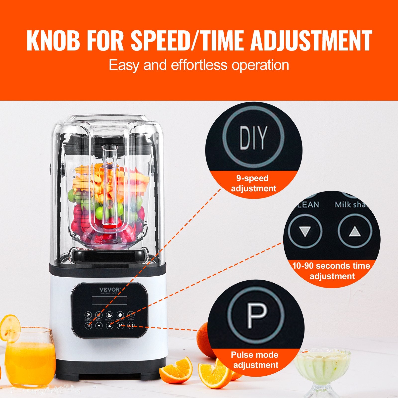 VEVOR Professional Blender with Shield, Commercial Countertop Blenders, 2L Jar Blender Combo, Stainless Steel 9 Speed & 5 Functions Blender, for Shakes, Smoothies, Peree, and Crush Ice, White