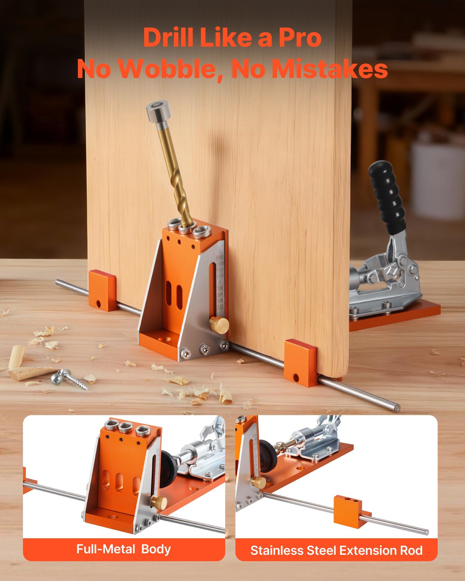Pocket Hole Jig Kit, 12.7 to 38.1 mm Adjustable, Jig Pocket Hole System with Toolcase, C-Clamp, Step Drill, Hex Wrench, Drill Stop Ring, Square Drive Bit, Reinforced Metal Frame, for Woodworking