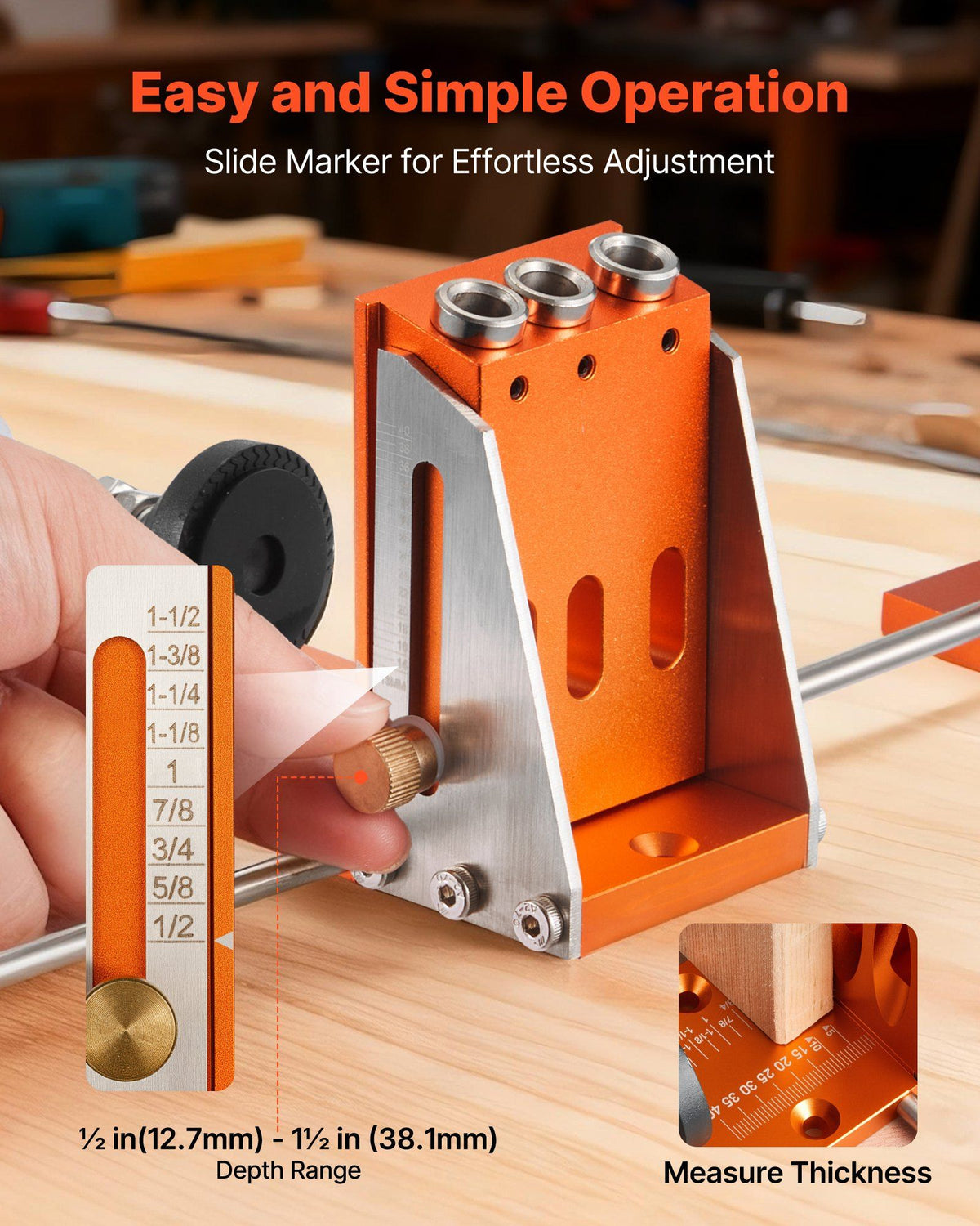 Pocket Hole Jig Kit, 12.7 to 38.1 mm Adjustable, Jig Pocket Hole System with Toolcase, C-Clamp, Step Drill, Hex Wrench, Drill Stop Ring, Square Drive Bit, Reinforced Metal Frame, for Woodworking