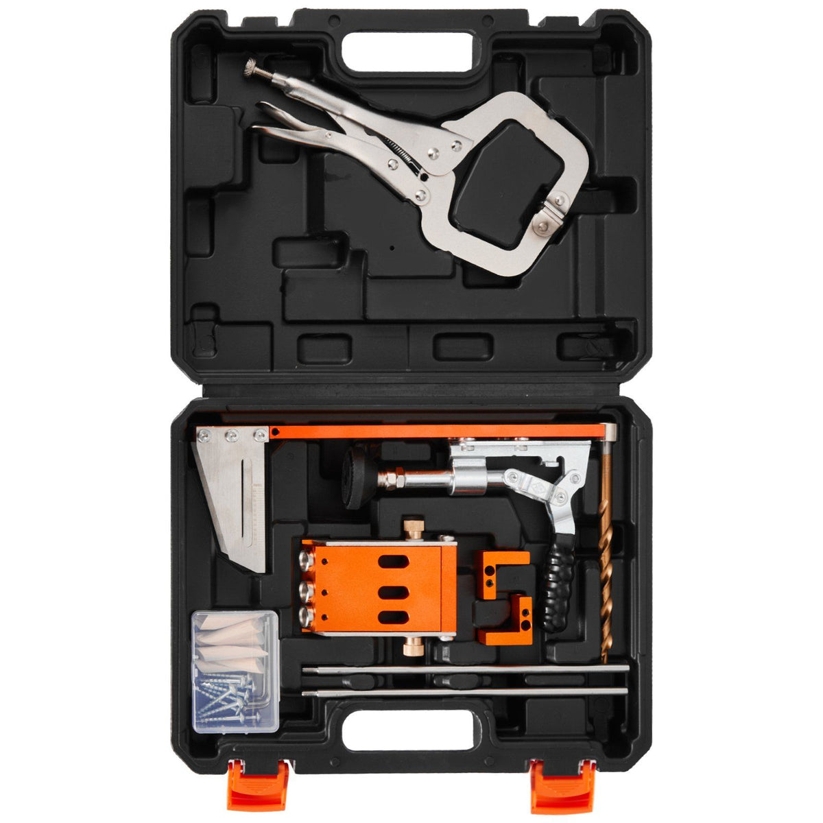 Pocket Hole Jig Kit, 12.7 to 38.1 mm Adjustable, Jig Pocket Hole System with Toolcase, C-Clamp, Step Drill, Hex Wrench, Drill Stop Ring, Square Drive Bit, Reinforced Metal Frame, for Woodworking