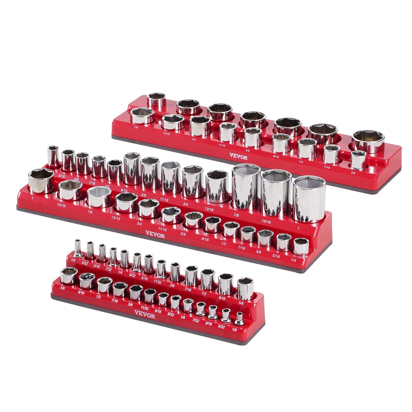 VEVOR Magnetic Socket Organizer Set, 3PCS Magnetic Socket Holder, 1/4'', 3/8'' & 1/2'' SAE Socket Trays with Clear Labels, Hold up to 68PCS Standard & Deep Sockets, Red (Sockets Not Included)