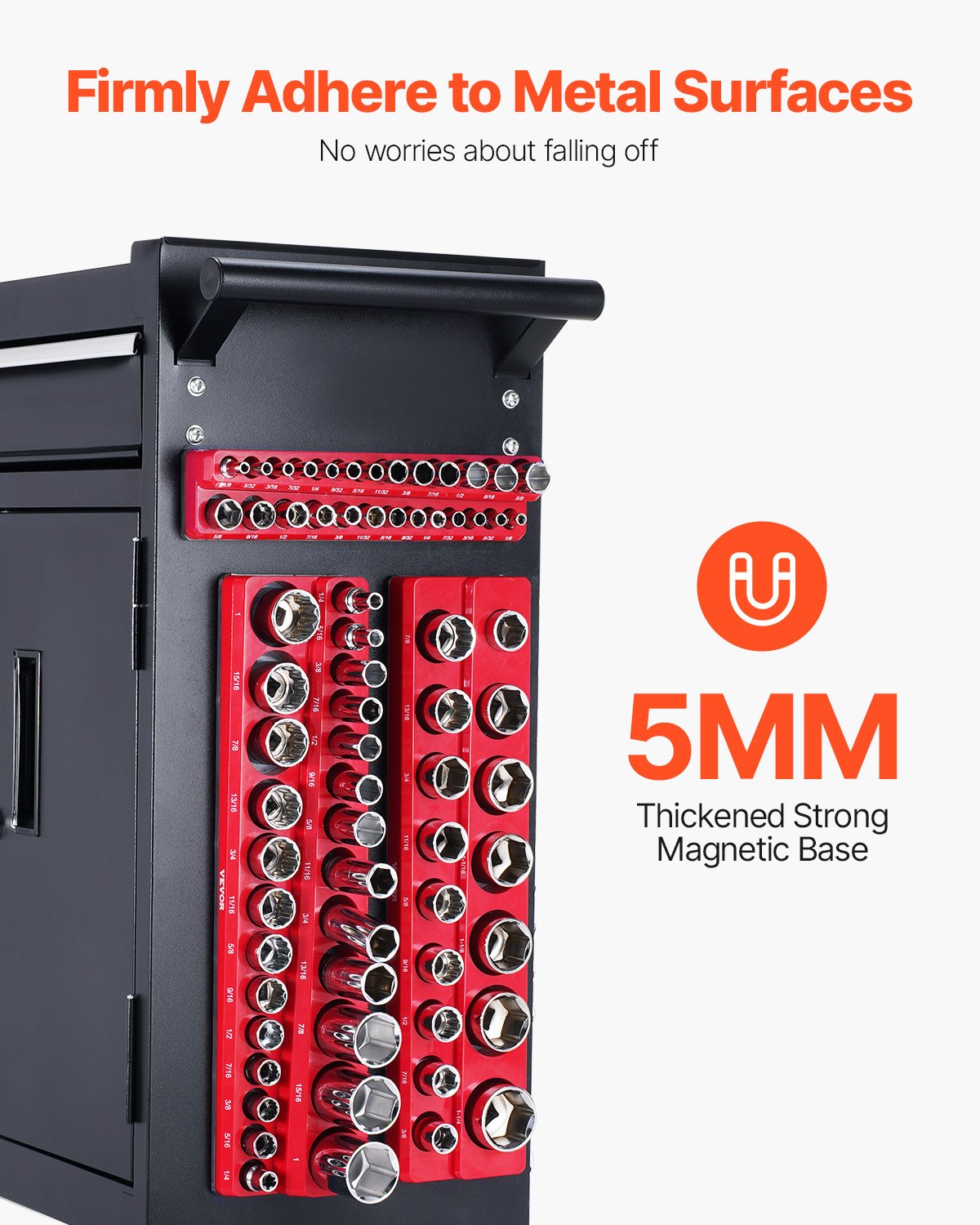 VEVOR Magnetic Socket Organizer Set, 3PCS Magnetic Socket Holder, 1/4'', 3/8'' & 1/2'' SAE Socket Trays with Clear Labels, Hold up to 68PCS Standard & Deep Sockets, Red (Sockets Not Included)