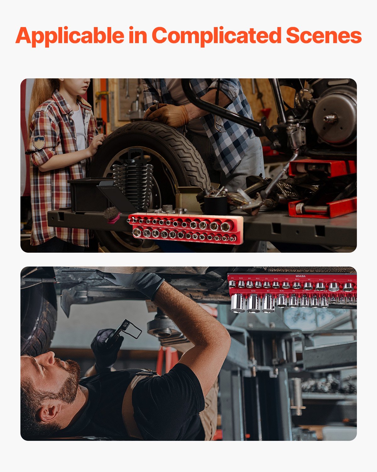 VEVOR Magnetic Socket Organizer Set, 3PCS Magnetic Socket Holder, 1/4'', 3/8'' & 1/2'' SAE Socket Trays with Clear Labels, Hold up to 68PCS Standard & Deep Sockets, Red (Sockets Not Included)