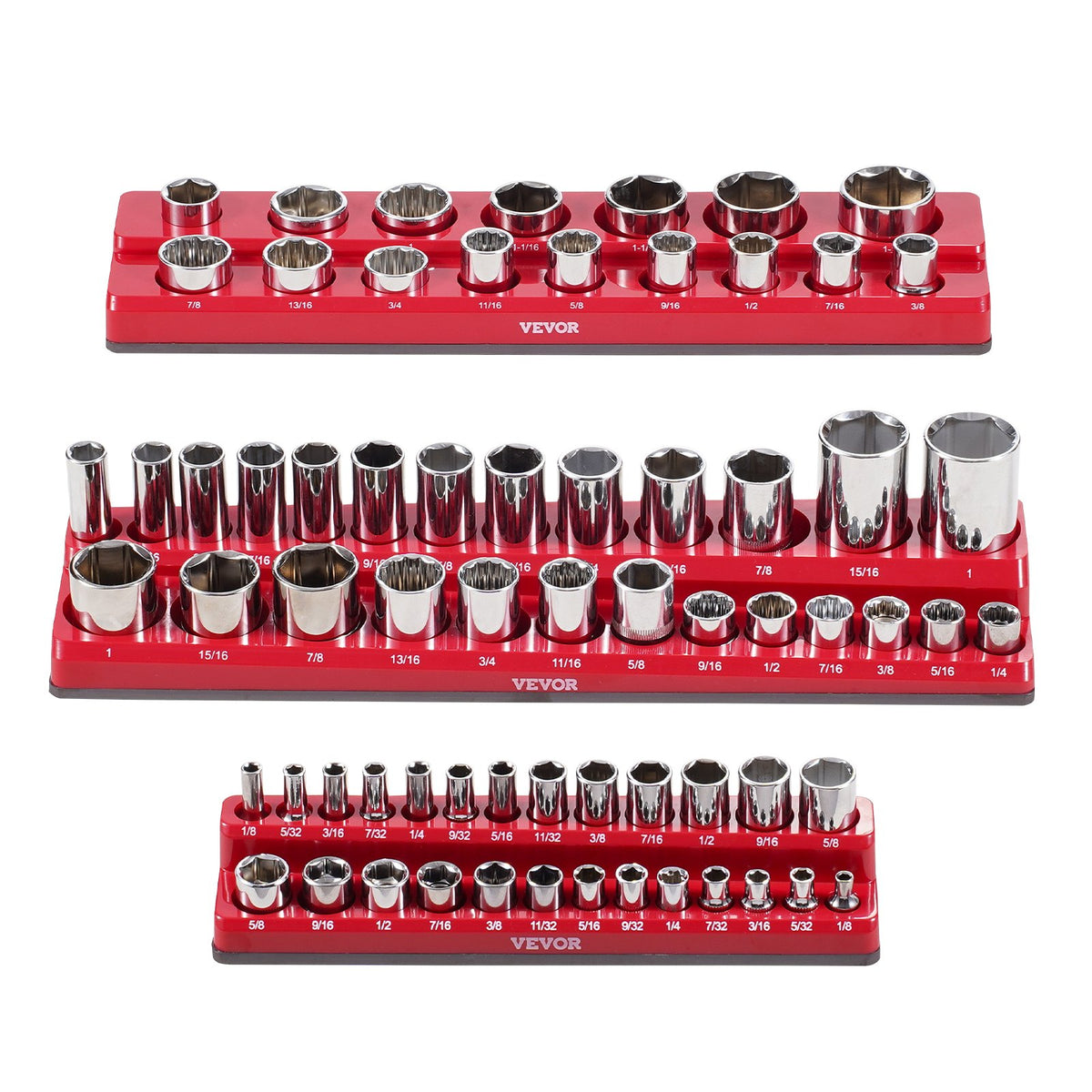 VEVOR Magnetic Socket Organizer Set, 3PCS Magnetic Socket Holder, 1/4'', 3/8'' & 1/2'' SAE Socket Trays with Clear Labels, Hold up to 68PCS Standard & Deep Sockets, Red (Sockets Not Included)