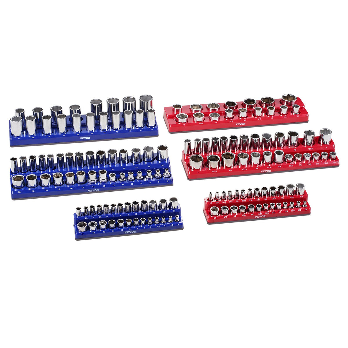 VEVOR Magnetic Socket Organizer Set, 6PCS Socket Holder, 1/4'', 3/8'' &amp; 1/2'' Metric SAE Socket Trays with Clear Labels, Hold up to 143PCS Standard &amp; Deep Sockets, Blue &amp; Red (Sockets Not Included)