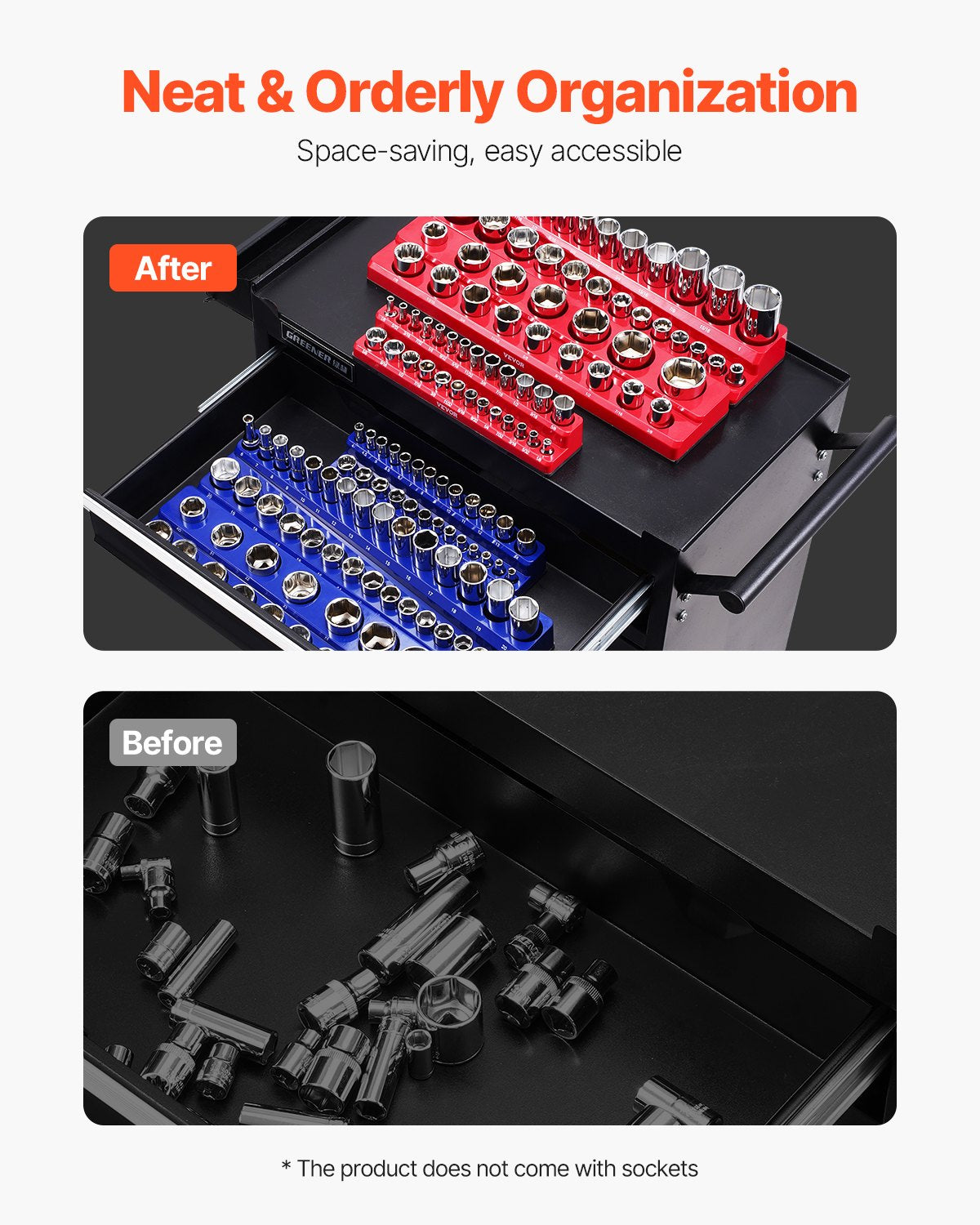 VEVOR Magnetic Socket Organizer Set, 6PCS Socket Holder, 1/4'', 3/8'' & 1/2'' Metric SAE Socket Trays with Clear Labels, Hold up to 143PCS Standard & Deep Sockets, Blue & Red (Sockets Not Included)