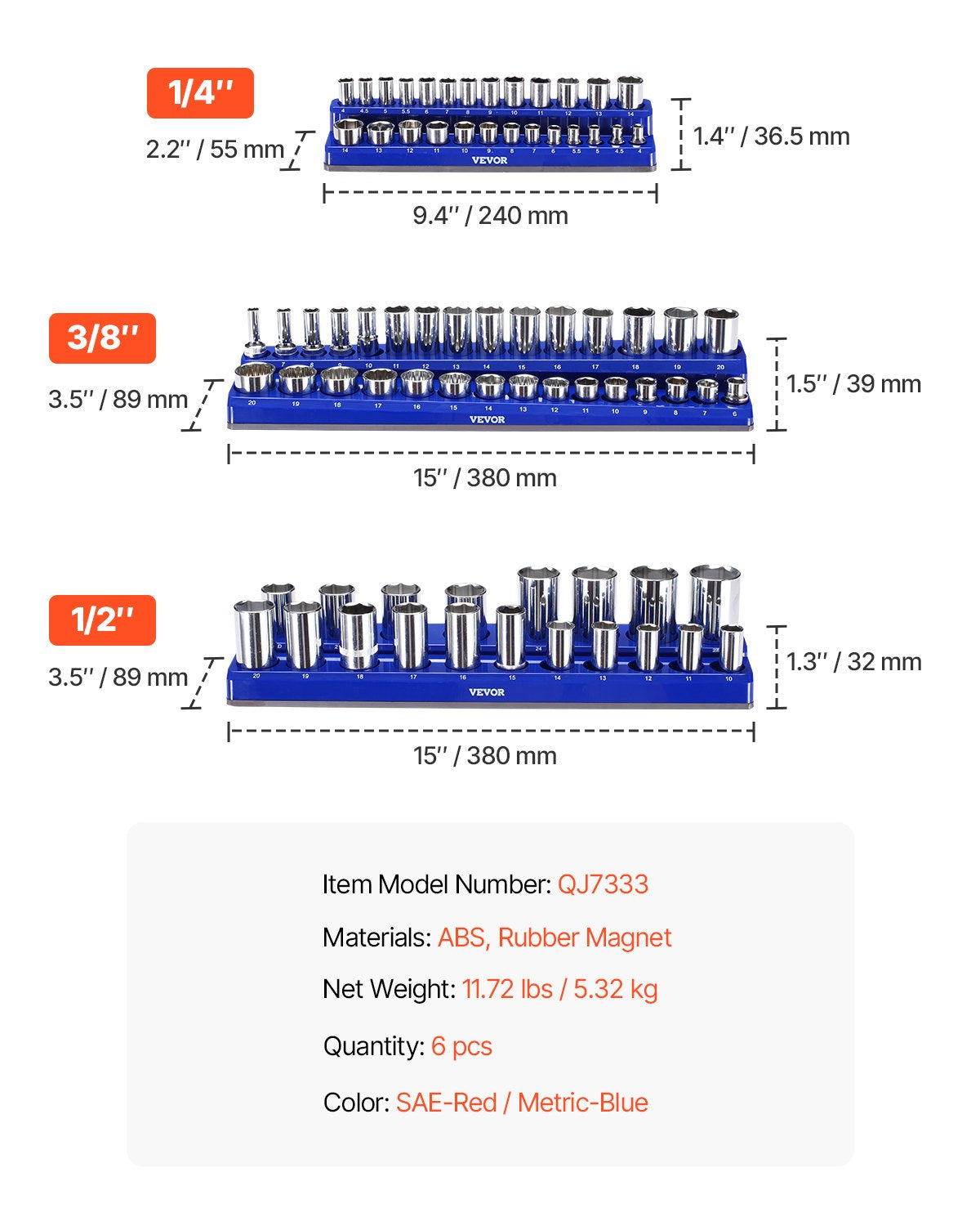 VEVOR Magnetic Socket Organizer Set, 6PCS Socket Holder, 1/4'', 3/8'' & 1/2'' Metric SAE Socket Trays with Clear Labels, Hold up to 143PCS Standard & Deep Sockets, Blue & Red (Sockets Not Included)