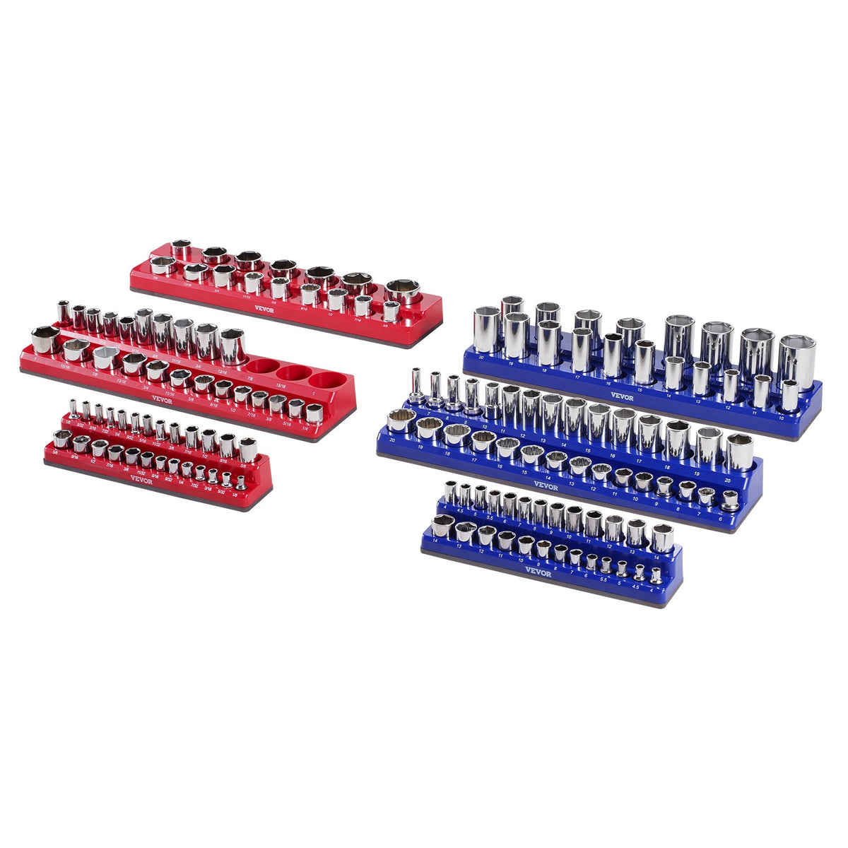 VEVOR Magnetic Socket Organizer Set, 6PCS Socket Holder, 1/4'', 3/8'' & 1/2'' Metric SAE Socket Trays with Clear Labels, Hold up to 143PCS Standard & Deep Sockets, Blue & Red (Sockets Not Included)