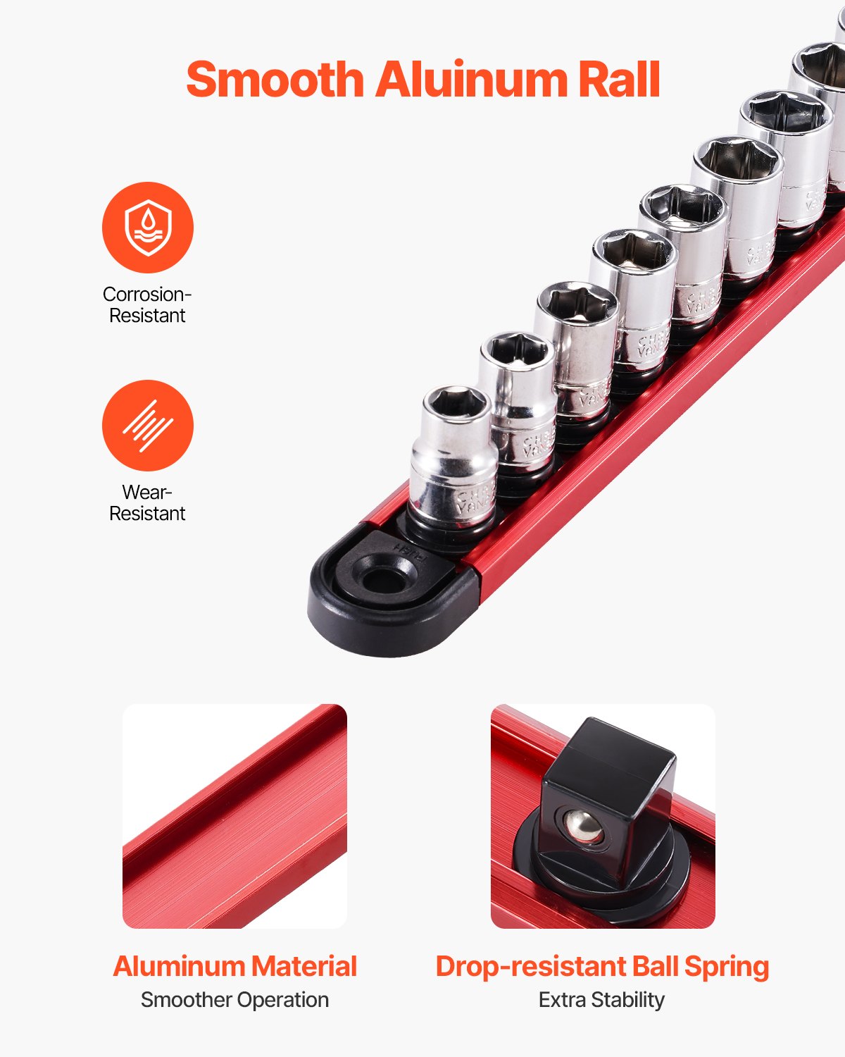 VEVOR Socket Organizer Rail Set, 3PCS Metric & SAE Aluminum Socket Organizers, 1/4'', 3/8'' & 1/2'' Heavy-Duty Socket Holder with 360° Rotating Clips for Tool Box, Hold up to 40 Sockets, Red & Black