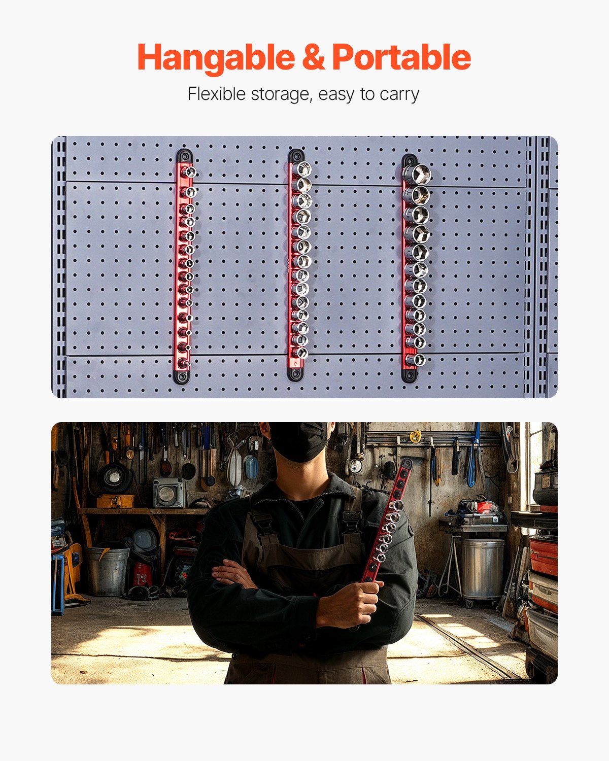 VEVOR Socket Organizer Rail Set, 3PCS Metric & SAE Aluminum Socket Organizers, 1/4'', 3/8'' & 1/2'' Heavy-Duty Socket Holder with 360° Rotating Clips for Tool Box, Hold up to 40 Sockets, Red & Black