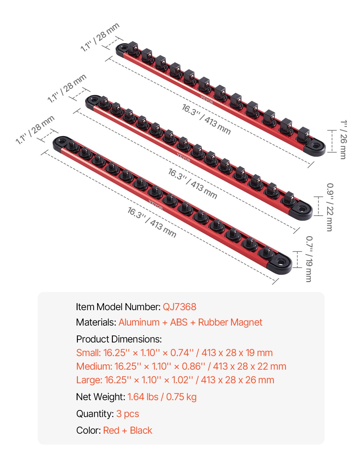 VEVOR Socket Organizer Rail Set, 3PCS Metric & SAE Aluminum Socket Organizers, 1/4'', 3/8'' & 1/2'' Heavy-Duty Socket Holder with 360° Rotating Clips for Tool Box, Hold up to 40 Sockets, Red & Black