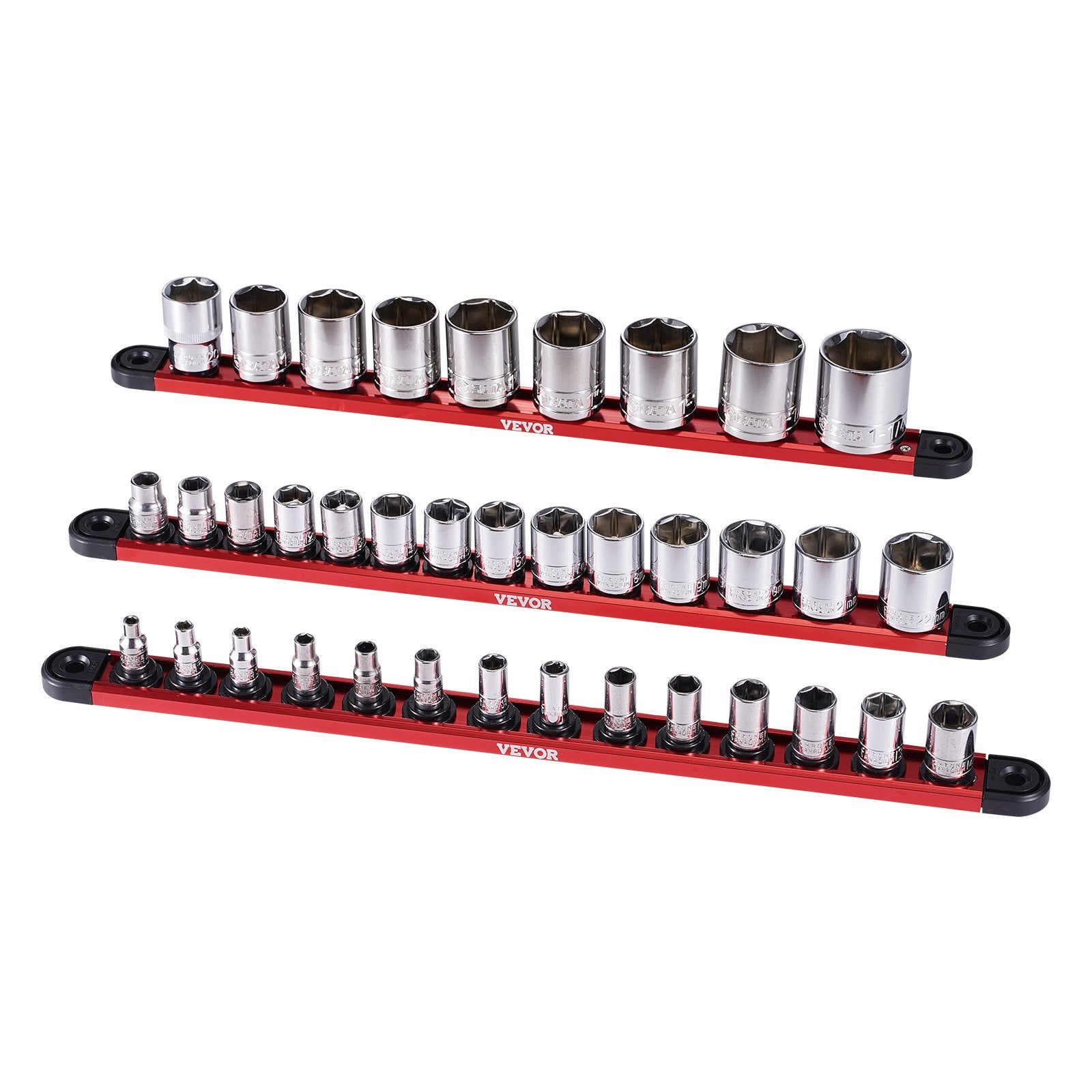 VEVOR Socket Organizer Rail Set, 3PCS Metric & SAE Aluminum Socket Organizers, 1/4'', 3/8'' & 1/2'' Heavy-Duty Socket Holder with 360° Rotating Clips for Tool Box, Hold up to 40 Sockets, Red & Black