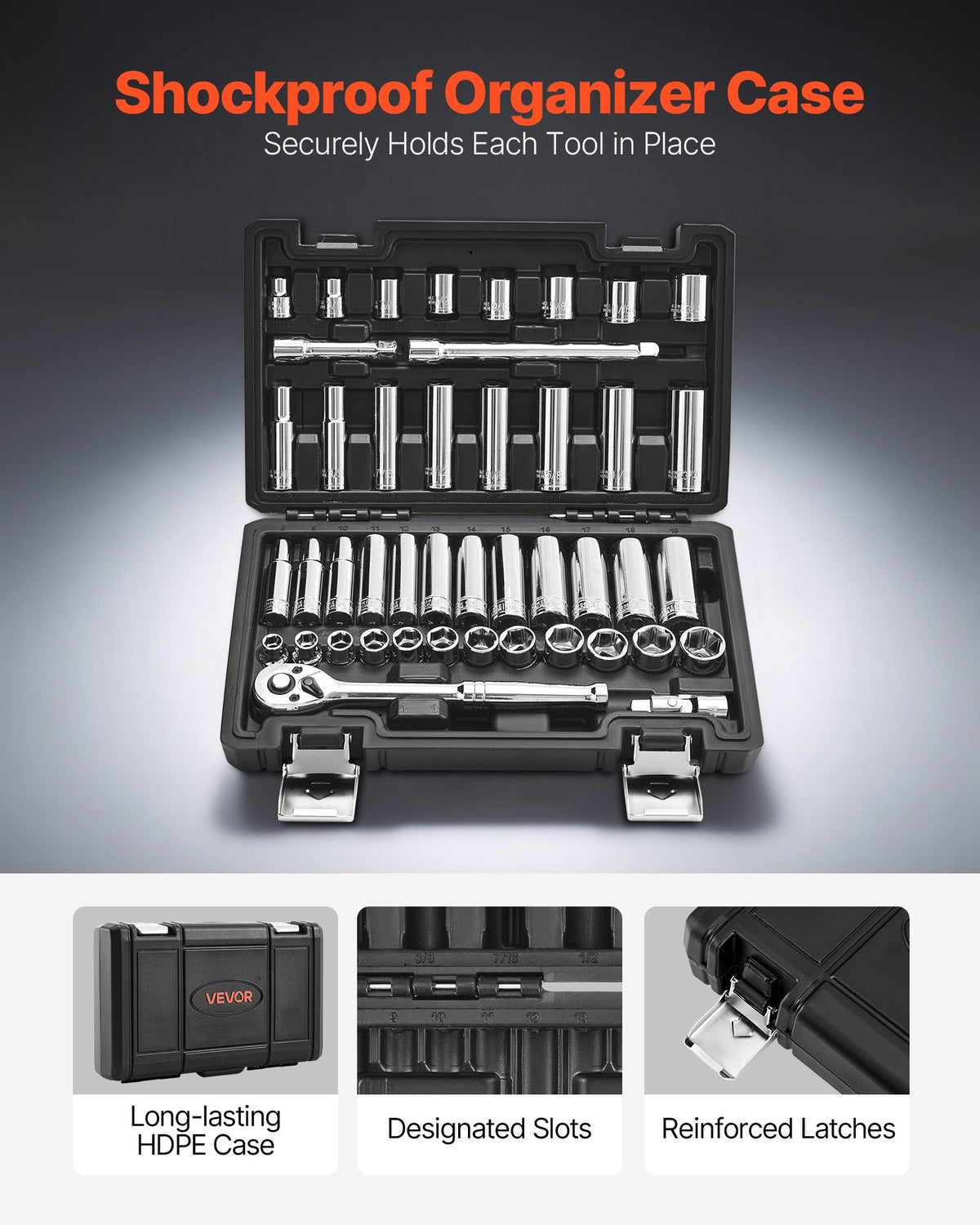 VEVOR Socket Set, 44 Pieces, 9.5 mm Drive Socket and Ratchet Set, SAE and Metric, Deep and Shallow, Mechanic Tool Kit with Accessories and Storage Case, CR-V Alloy Steel, for Automotive Repair