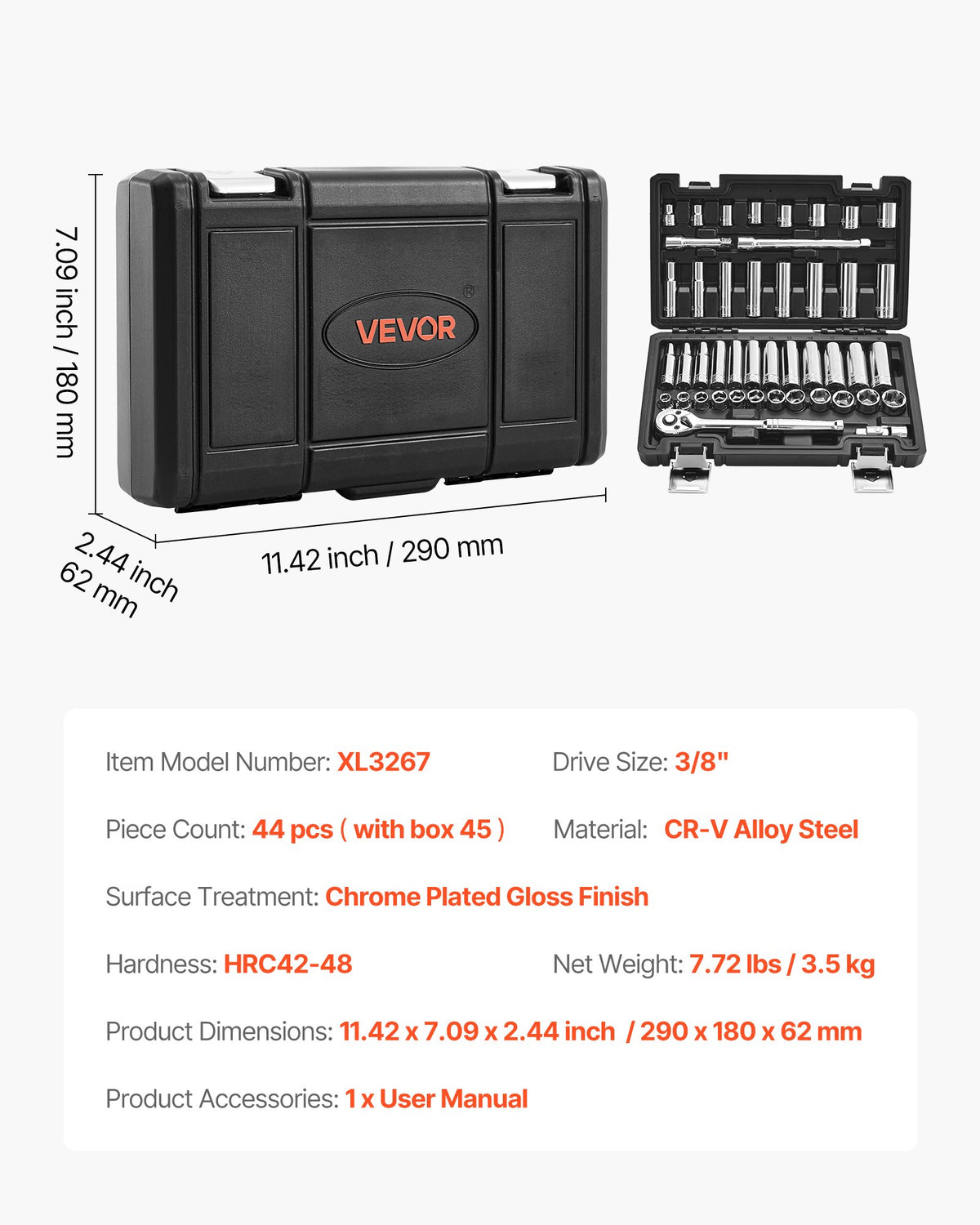 VEVOR Socket Set, 44 Pieces, 9.5 mm Drive Socket and Ratchet Set, SAE and Metric, Deep and Shallow, Mechanic Tool Kit with Accessories and Storage Case, CR-V Alloy Steel, for Automotive Repair