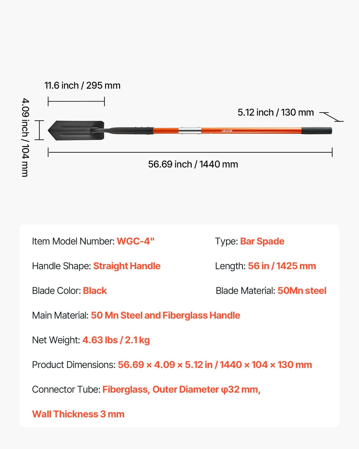 Trench Shovel, 10.4 cm Blade Heavy-Duty Trenching Shovel, Narrow Spade Trench Digger with Fiberglass Handle and Non-Slip Grip, for Gardening, Digging Holes, Trenching, and Planting, 142.5 cm