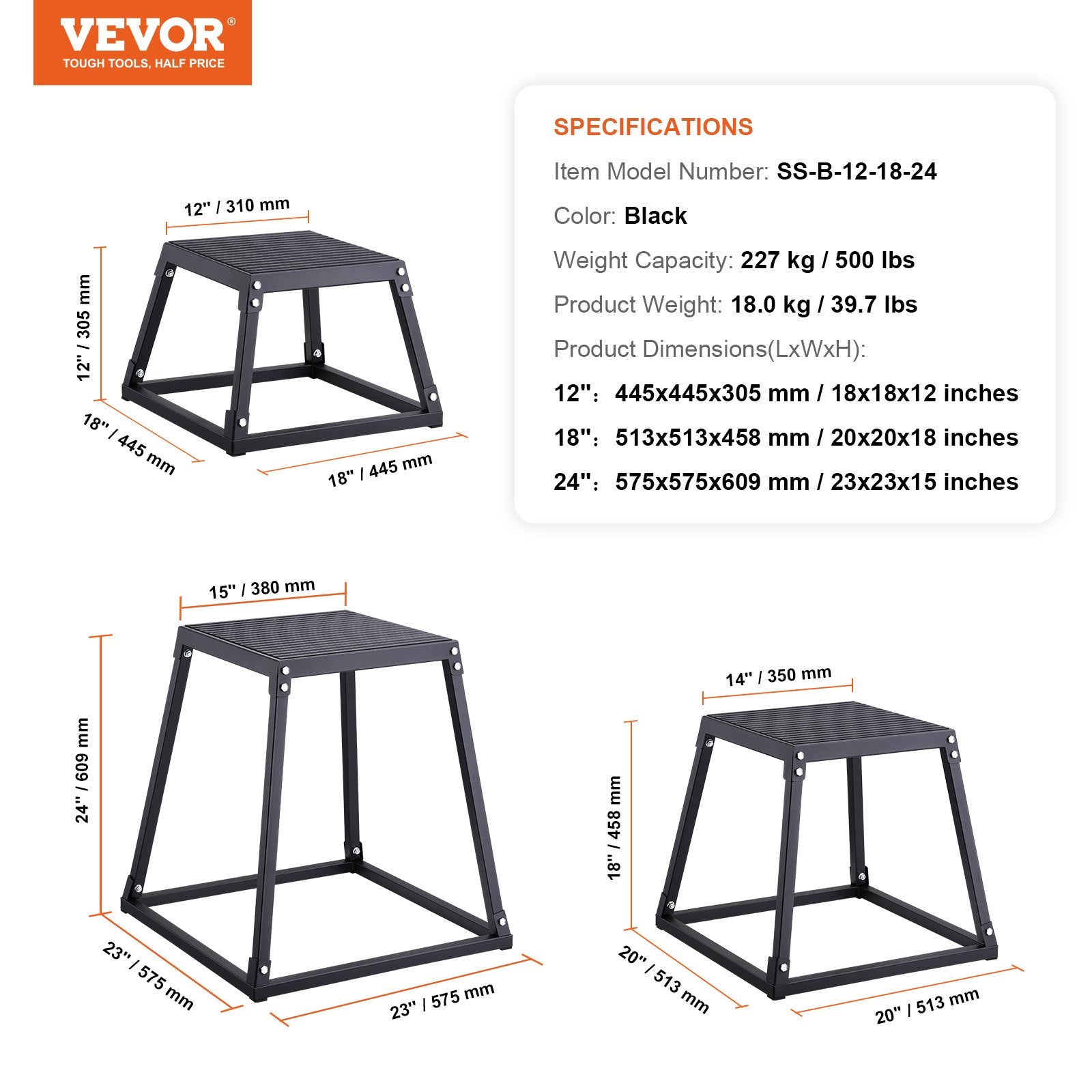VEVOR Plyometric Jump Boxes, 12/18/24 Inch Plyo Box, Platform and Jumping Agility Box, Anti-Slip Fitness Exercise Step Up Box Set for Home Gym Training, Conditioning Strength Training, Black