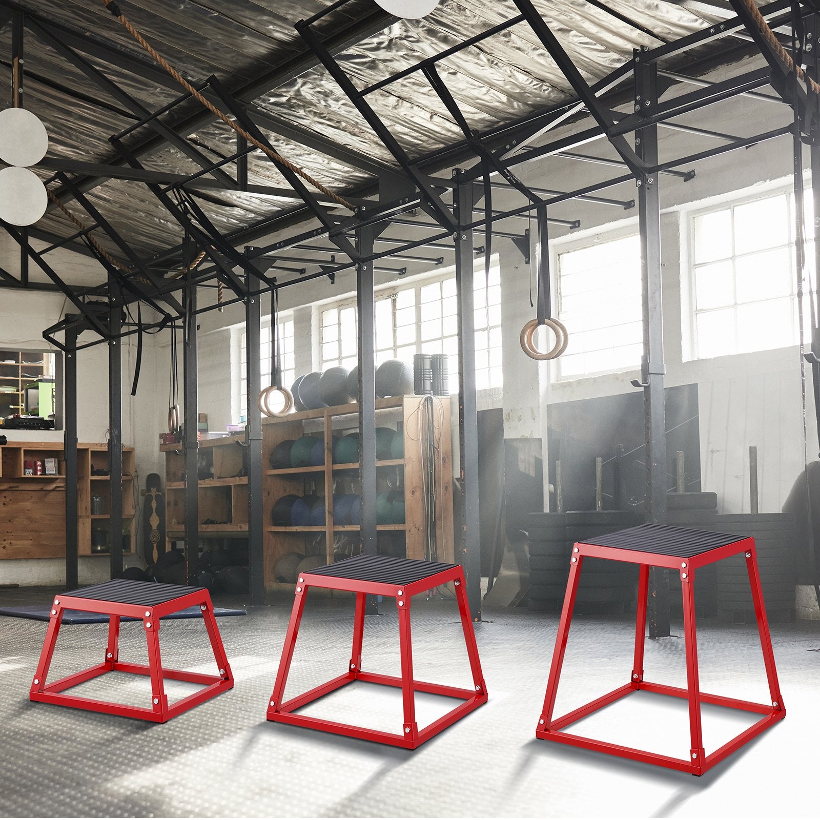 VEVOR Plyometric Jump Boxes, 12/18/24 Inch Plyo Box, Platform and Jumping Agility Box, Anti-Slip Fitness Exercise Step Up Box Set for Home Gym Training, Conditioning Strength Training, Red