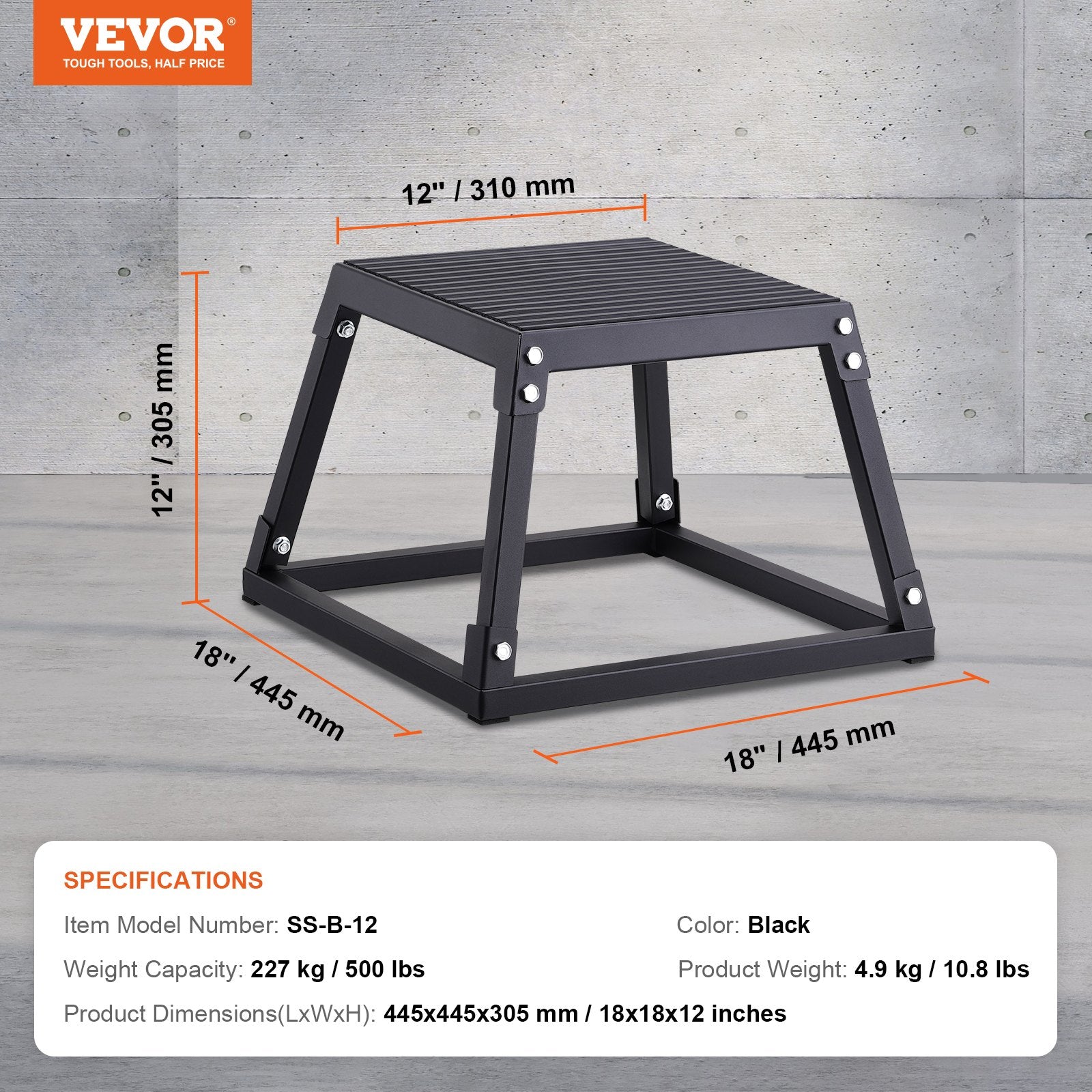 VEVOR Plyometric Jump Box, 12 Inch Plyo Box, Steel Plyometric Platform and Jumping Agility Box, Anti-Slip Fitness Exercise Step Up Box for Home Gym Training, Conditioning Strength Training, Black