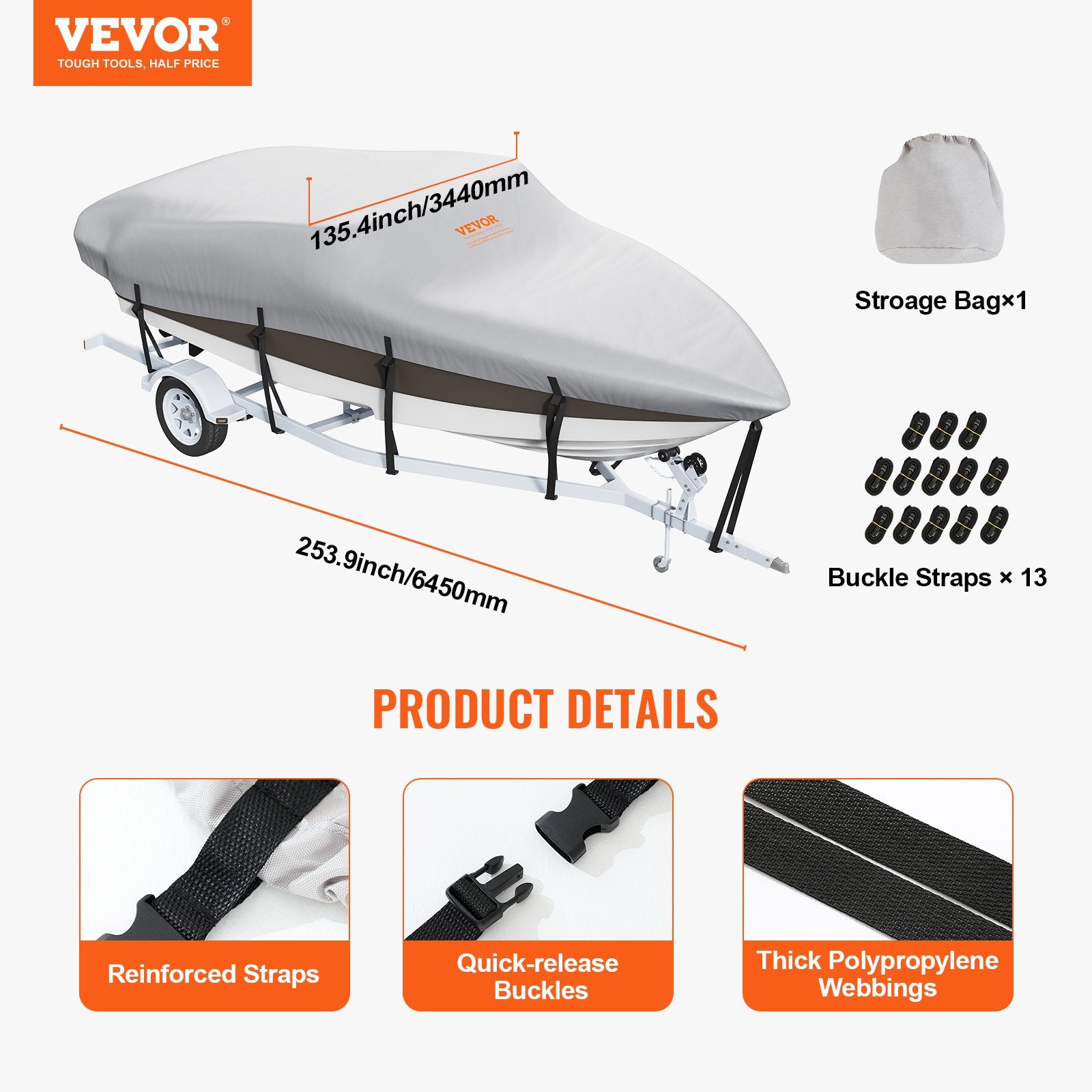 VEVOR Boat Cover 600D Waterproof 17-19 ft Boat Cover V-Hull Tri-Hull Runabout