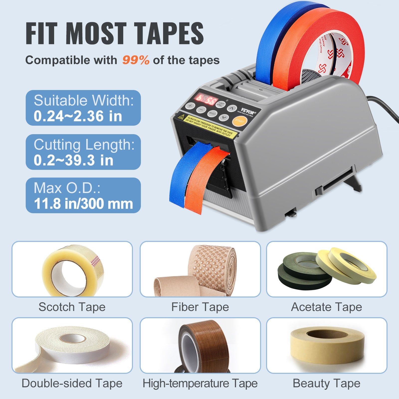 VEVOR Automatic Tape Dispenser, Self-Adhesive Electric Tape Cutter, 25 W Packaging Machine, Tape Cutter, 6-60 mm Tape Width, Electric Tape Cutter Packaging Machine
