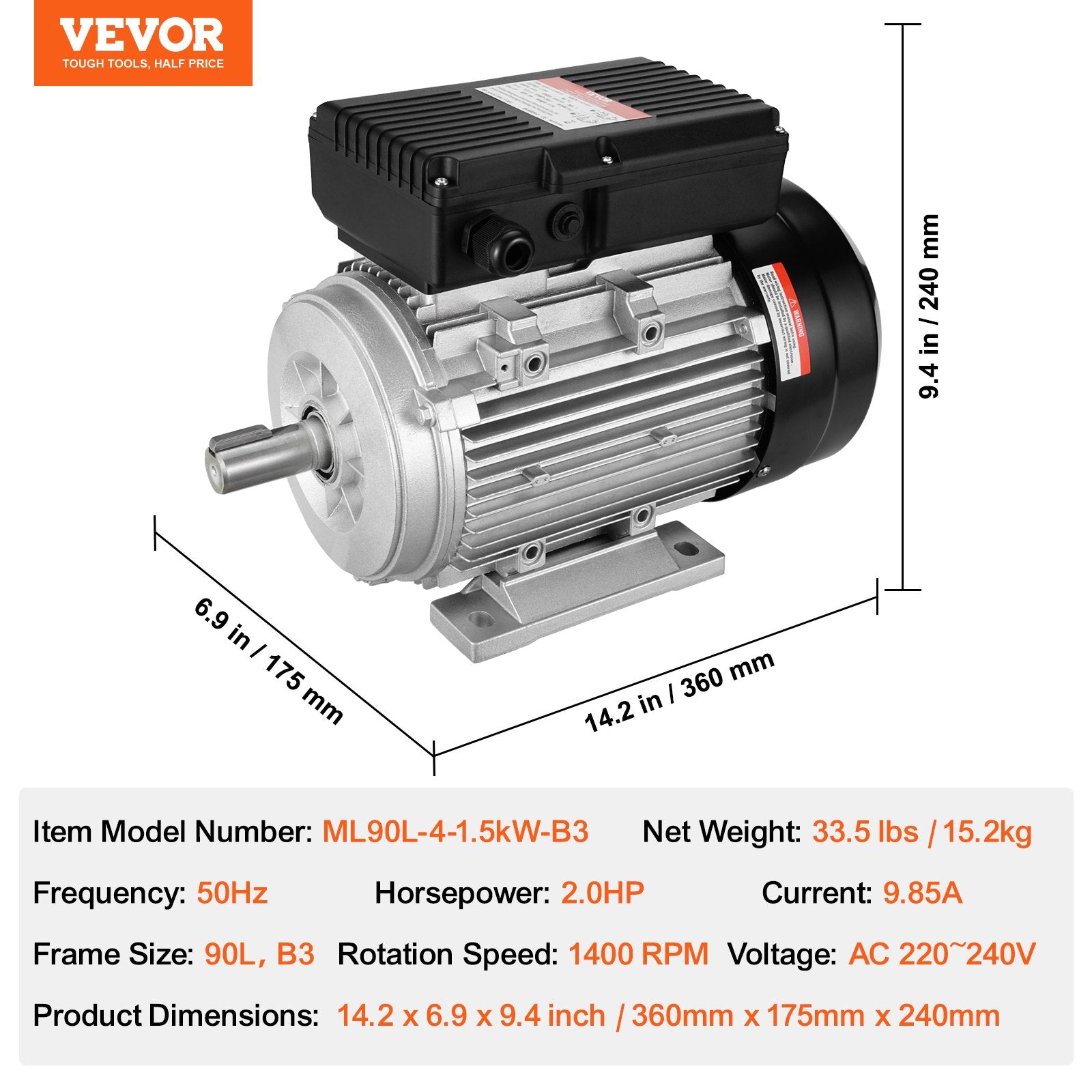 VEVOR 1.5KW Electric Motor 1400 rpm, AC 220~240V 9.85A, 90L, B3 Frame, Air Compressor Motor Single Phase, 24mm Keyed Shaft, CW/CCW Rotation for Agricultural Machinery and General Equipment