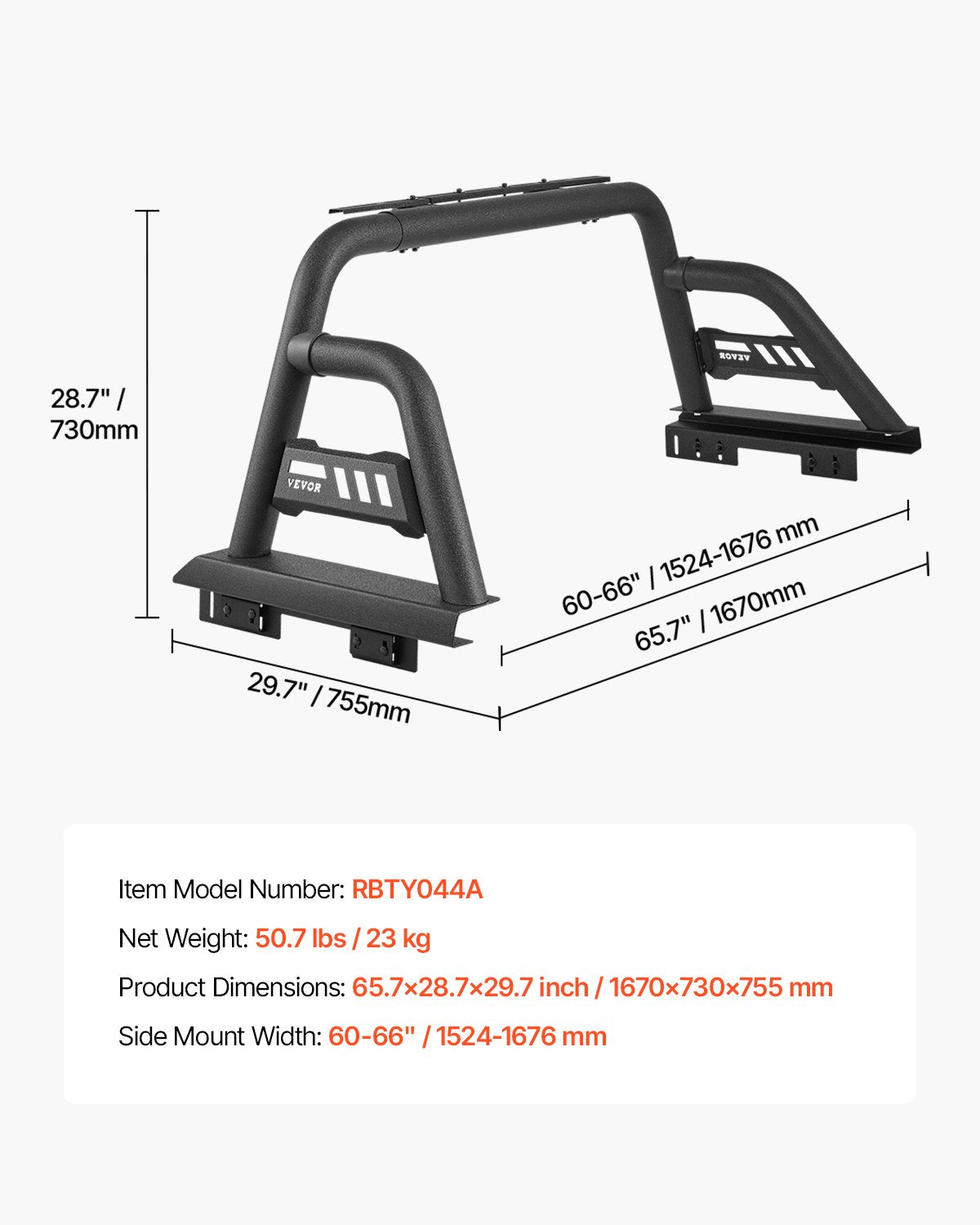 VEVOR Truck Bed Roll Bar Universal Chase Rack for Full-Size Pickup Carbon Steel