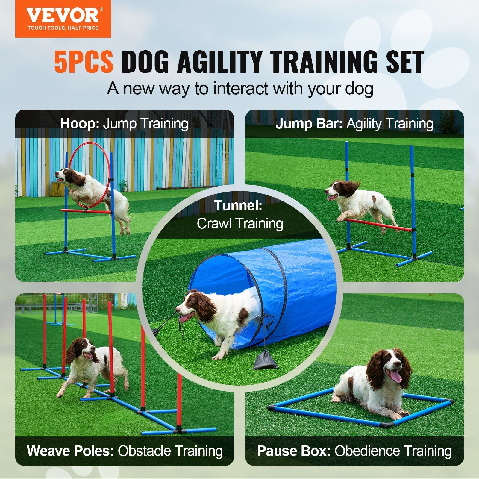 Dog Agility Training Equipment, 5 PCS Set with Adjustable High Hurdles,6 Weave Poles, Tunnel, Jump Ring, Pause Box, Whistle, Foldable Bowl, Puppy Obstacle Course Kit with Storage Bags