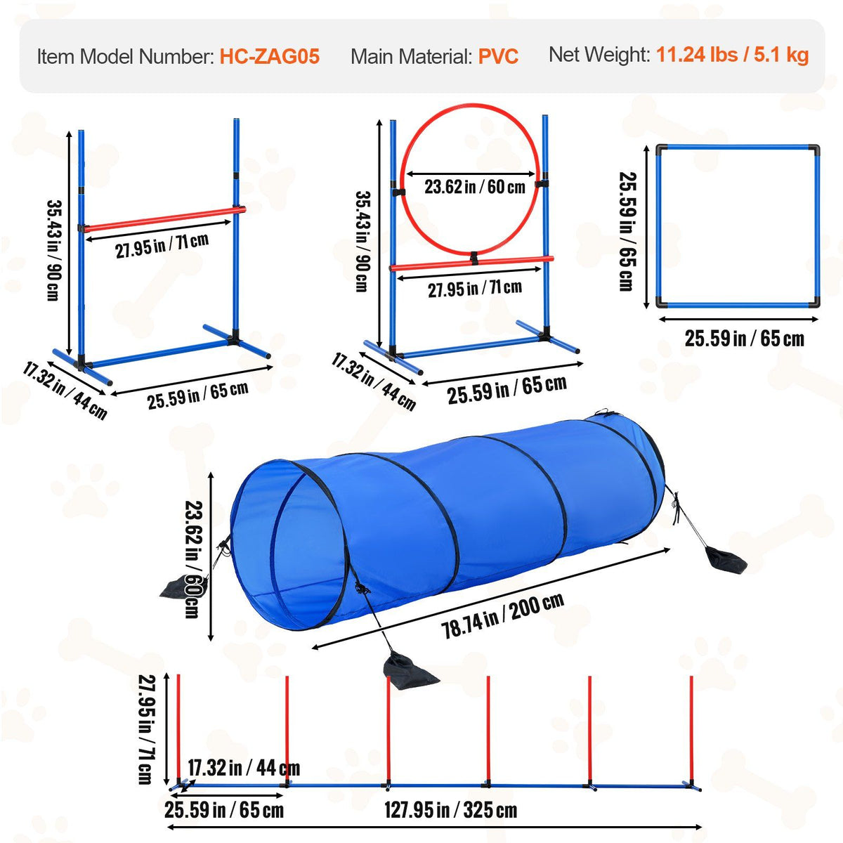 Dog Agility Training Equipment, 5 PCS Set with Adjustable High Hurdles,6 Weave Poles, Tunnel, Jump Ring, Pause Box, Whistle, Foldable Bowl, Puppy Obstacle Course Kit with Storage Bags