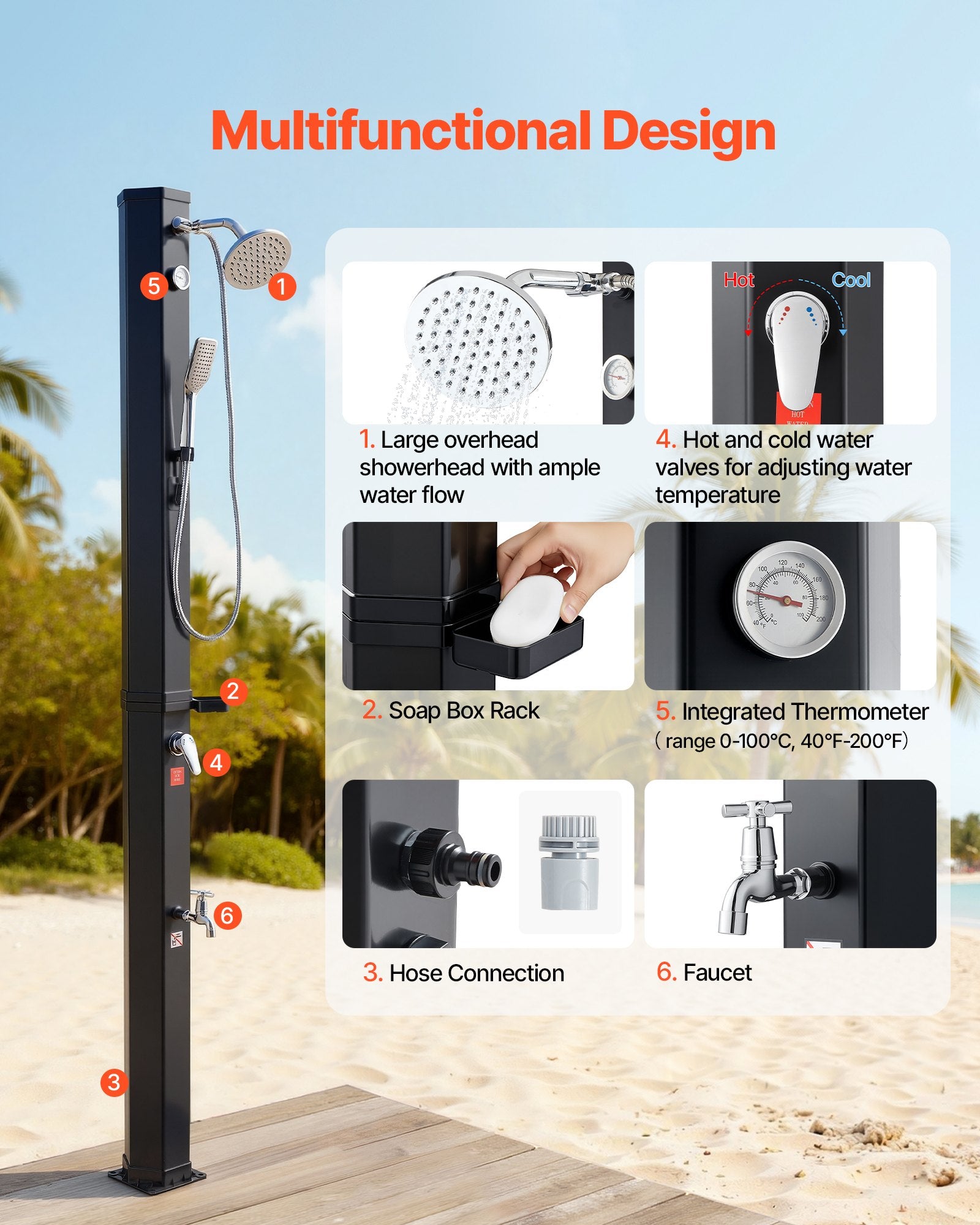 VEVOR 40L Solar Heated Shower, 205cm Showerhead Height Outdoor Shower, with Handheld & Foot Faucet, Hot & Cold Water Adjustment, Freestanding for Backyard Poolside Beach Pool, Black