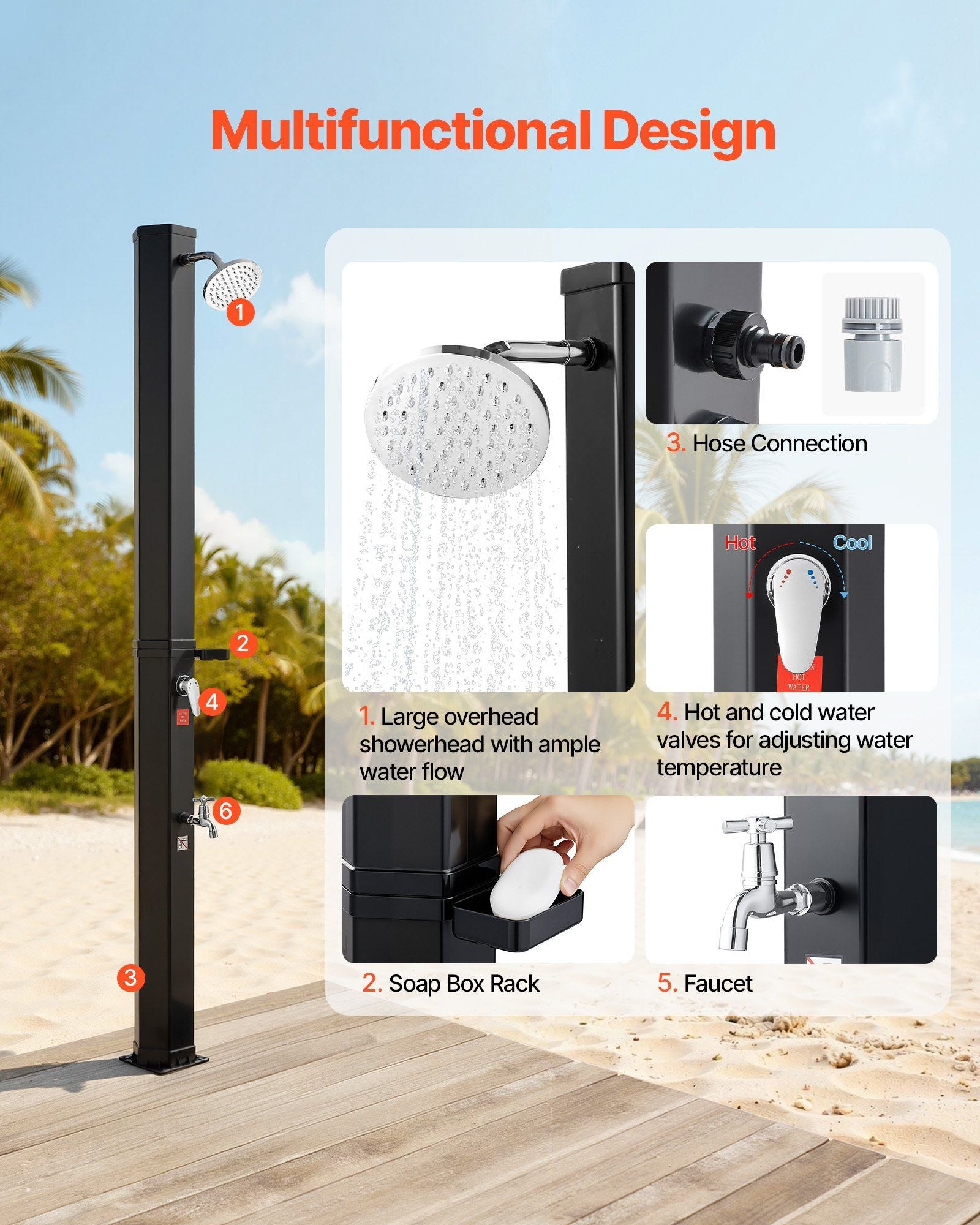 35L Solar Heated Shower, 195cm Showerhead Height Outdoor Shower, with Foot Faucet & Soap Box Rack, Hot & Cold Water Adjustment, Freestanding for Backyard Poolside Beach Pool,Black